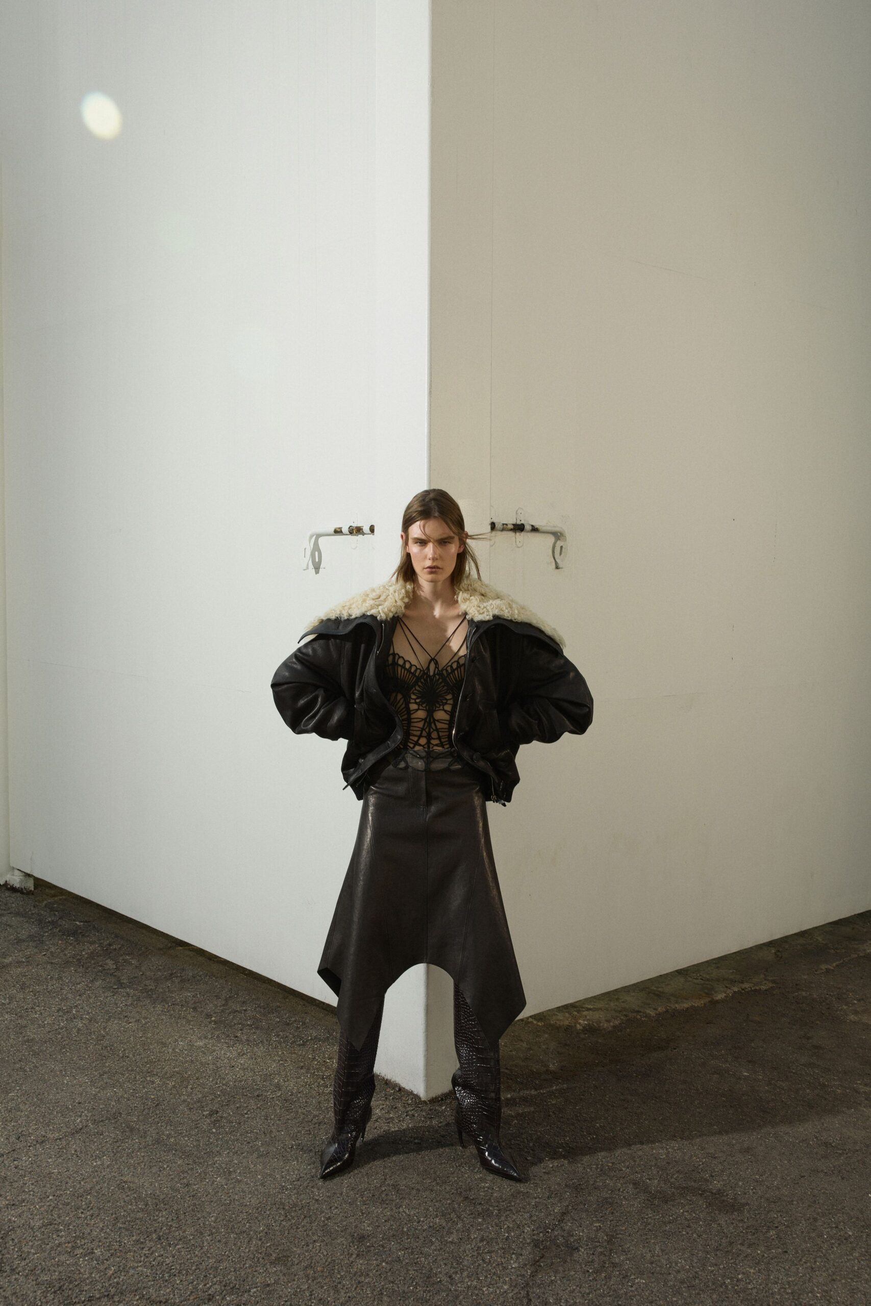 black leather asymmetric fitted skirt