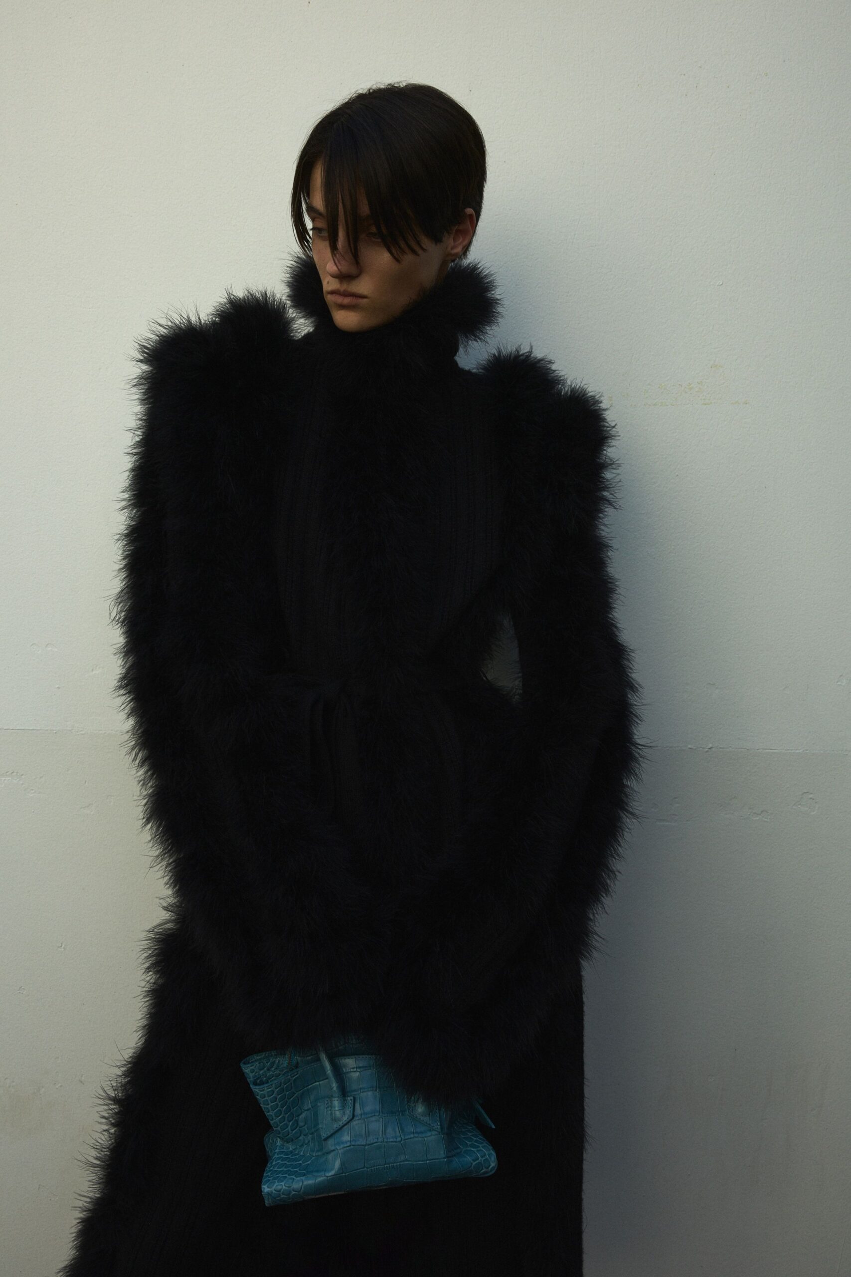 black faux-fur long-sleeve high-neck fitted draped maxi coat