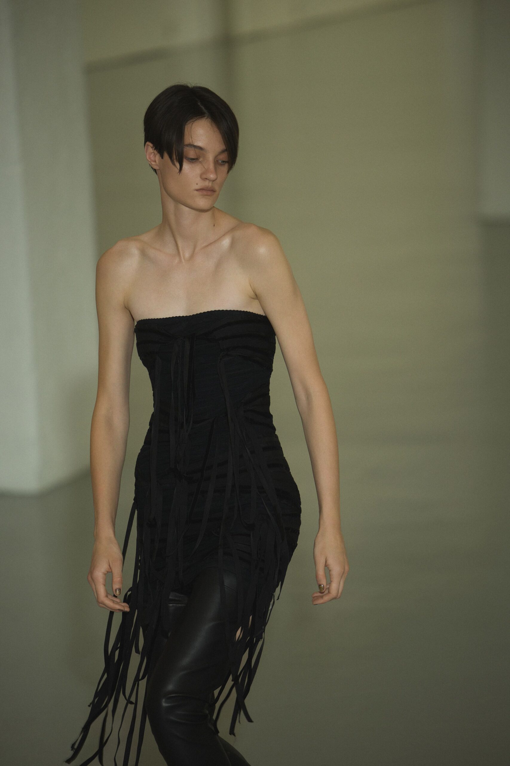 black cotton strapless fitted fringed ruched dress