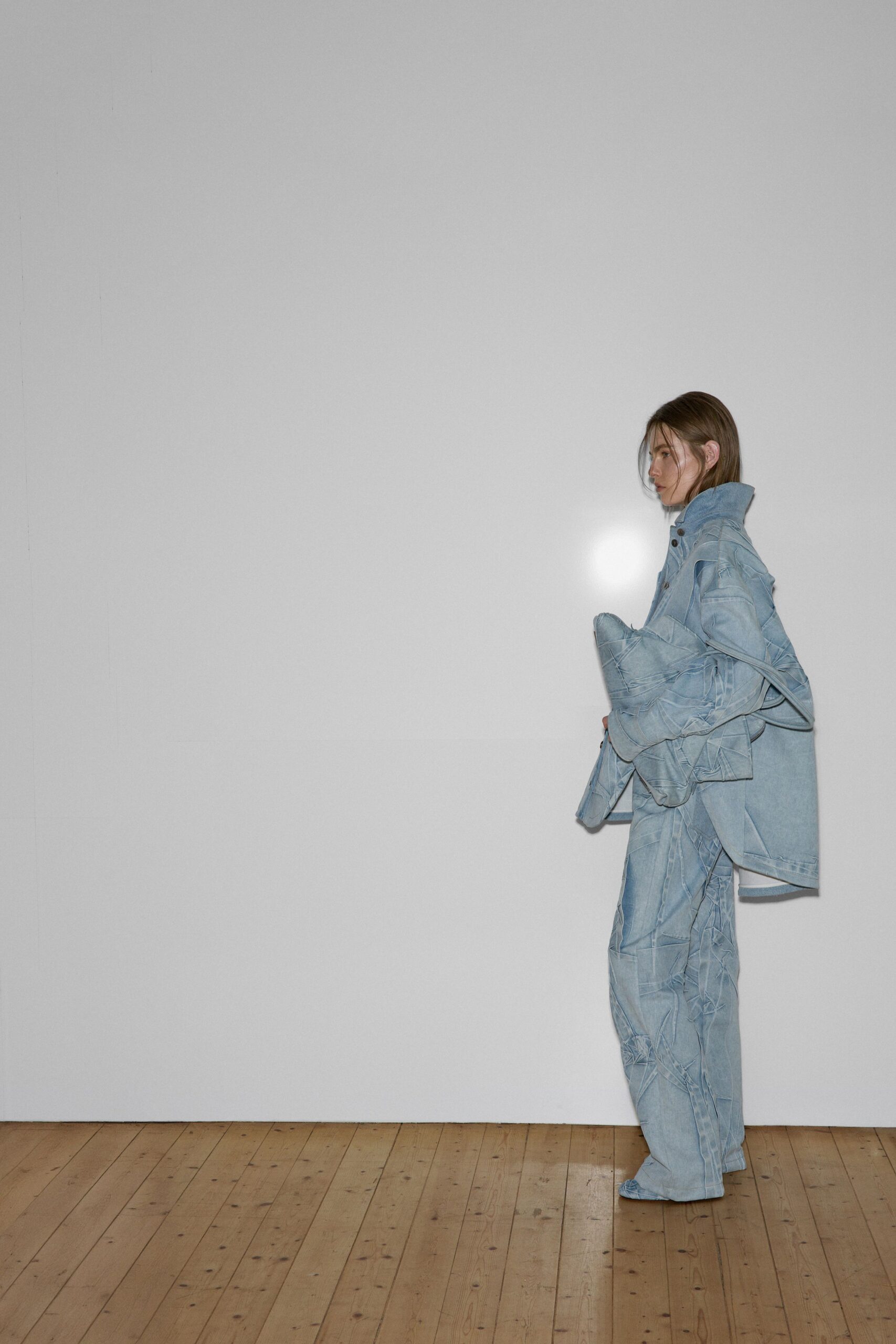 blue denim long-sleeve collared relaxed layered jacket