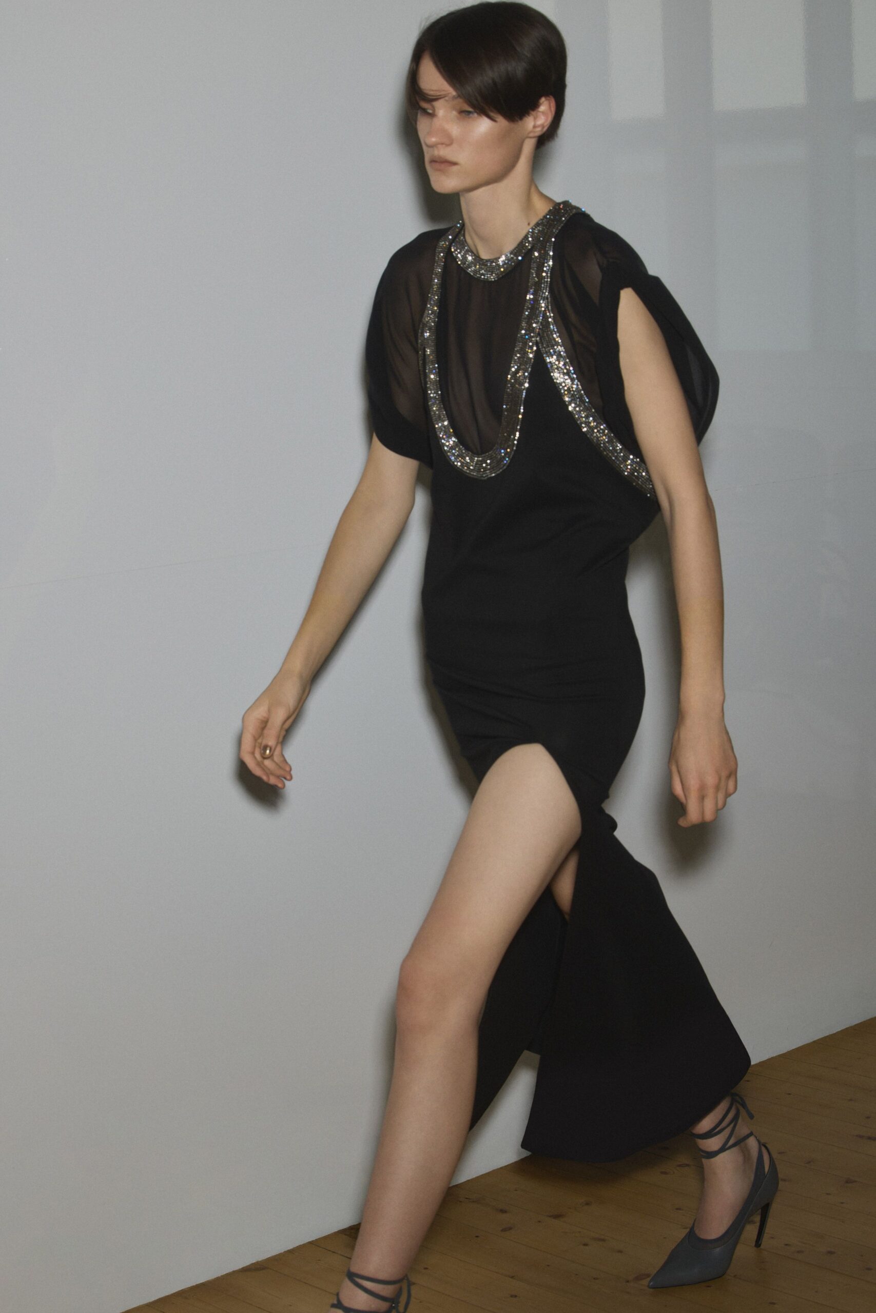 black silk short-sleeve v-neck fitted beaded midi dress