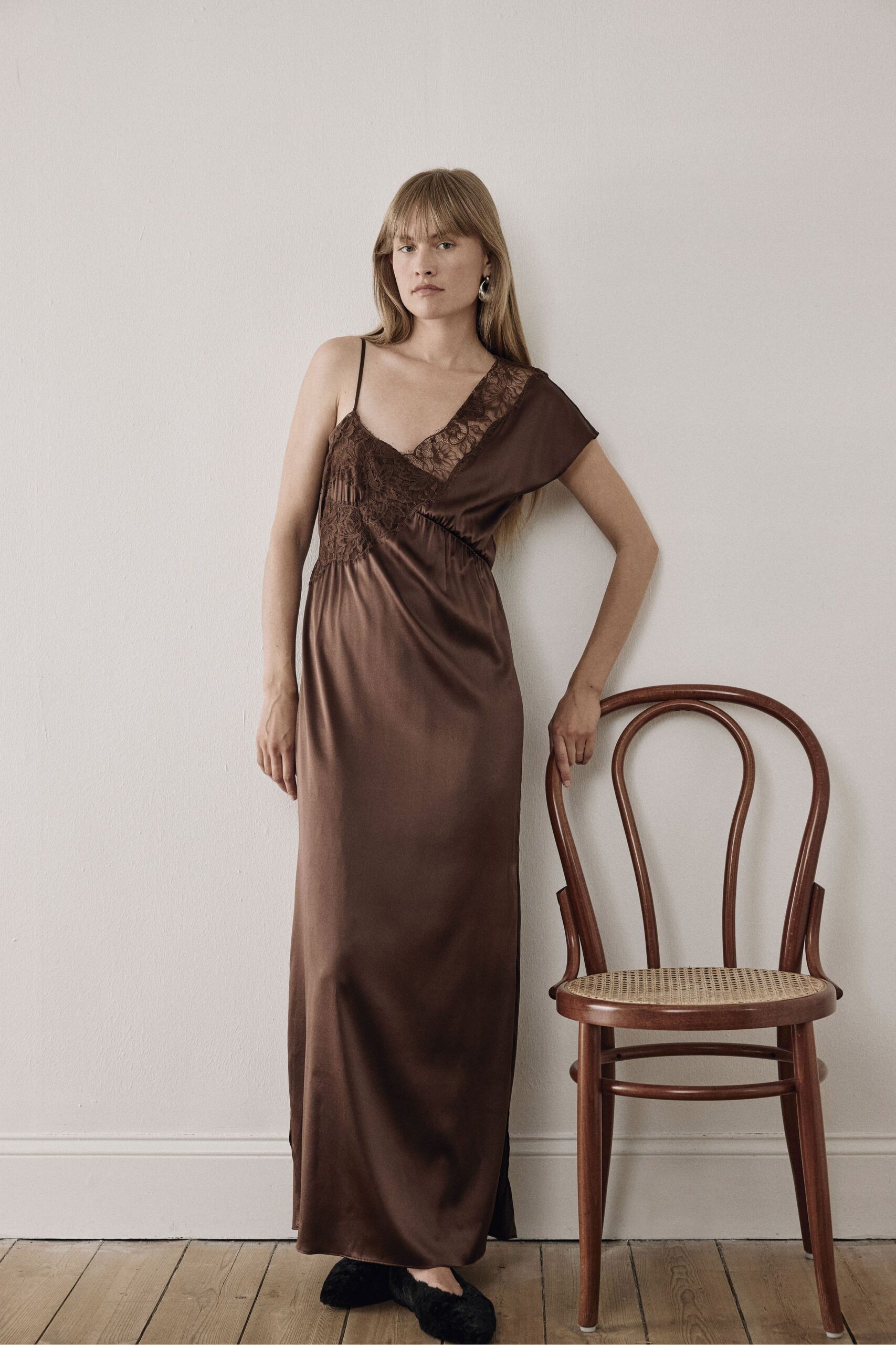 brown silk sleeveless v-neck fitted embroidered maxi gown