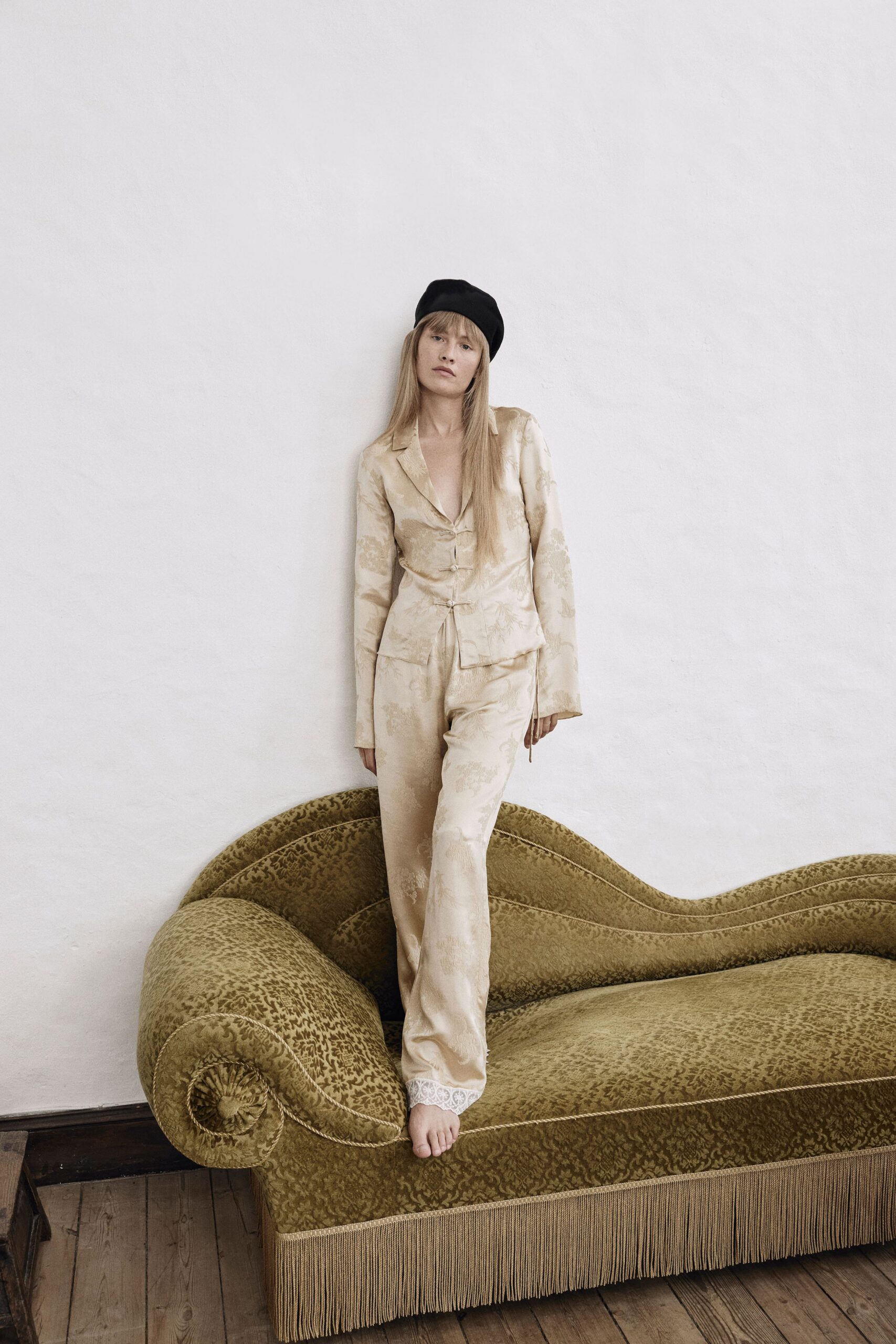 beige silk long-sleeve collared fitted buttoned printed suit