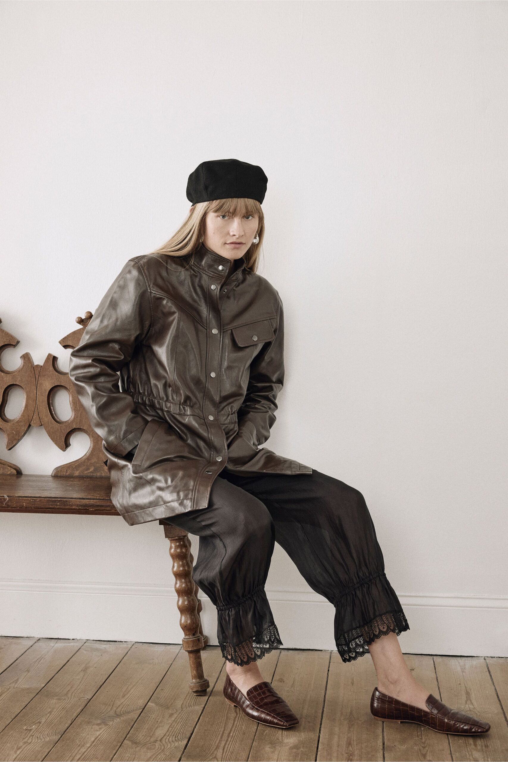 brown leather long-sleeve collared relaxed zippered jacket