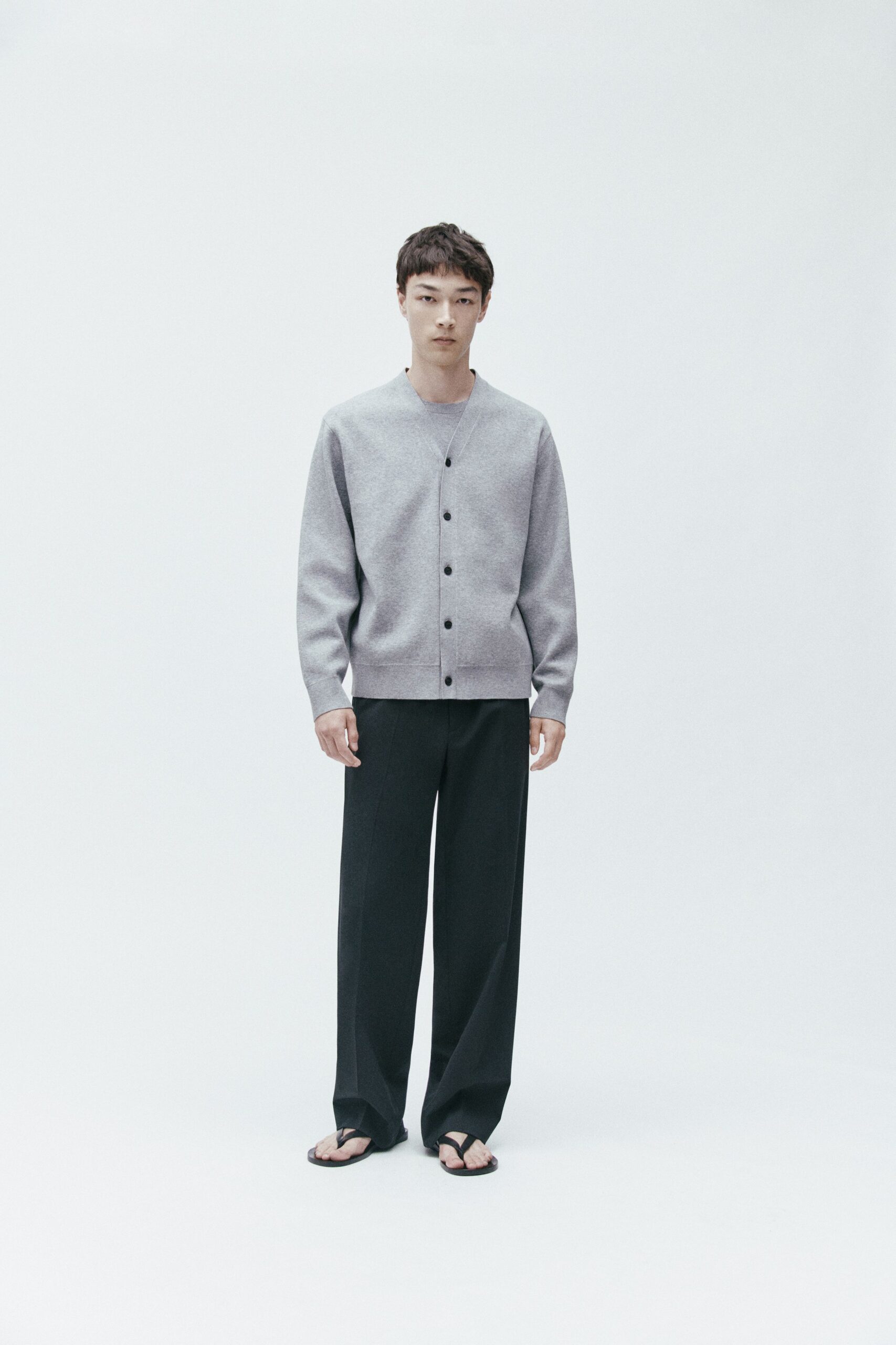 gray cardigan black pants sandals