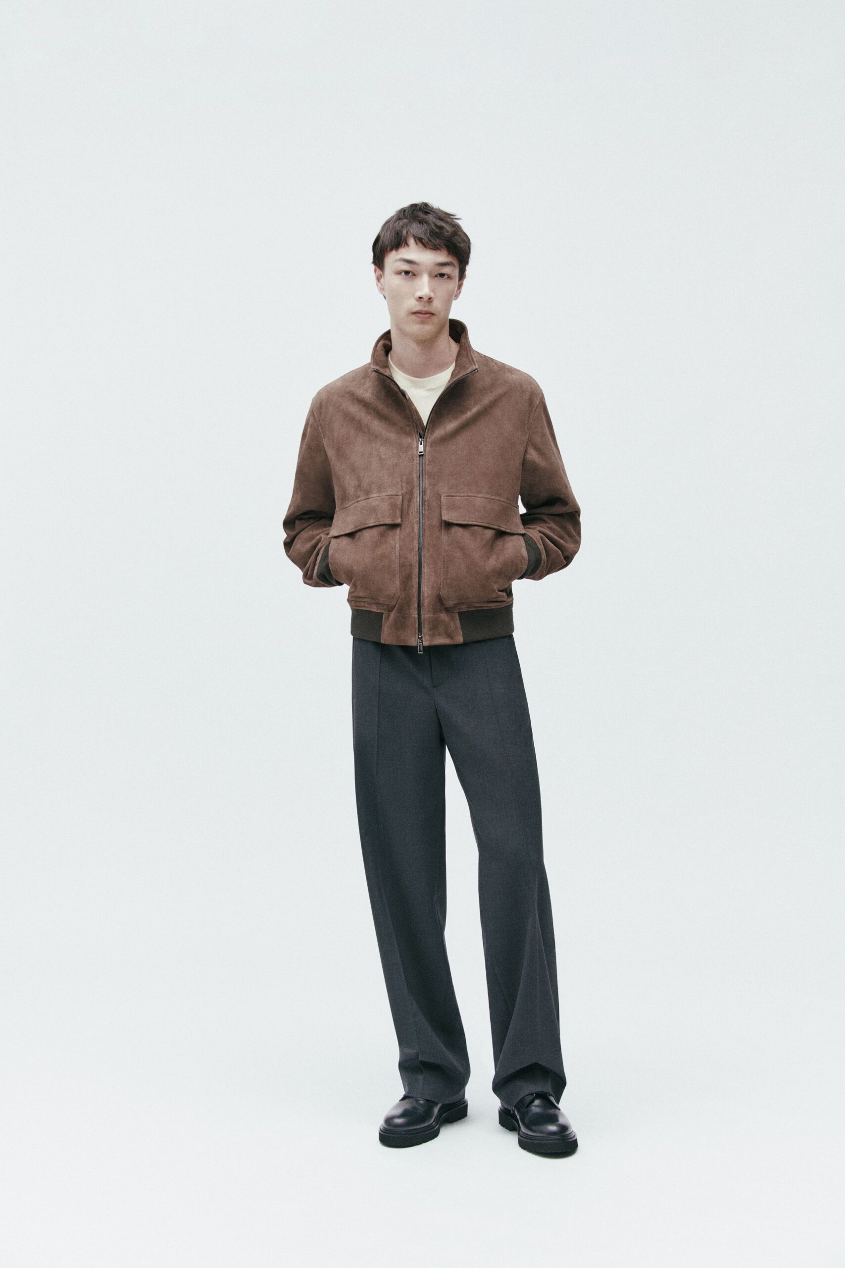 brown suede jacket gray pants