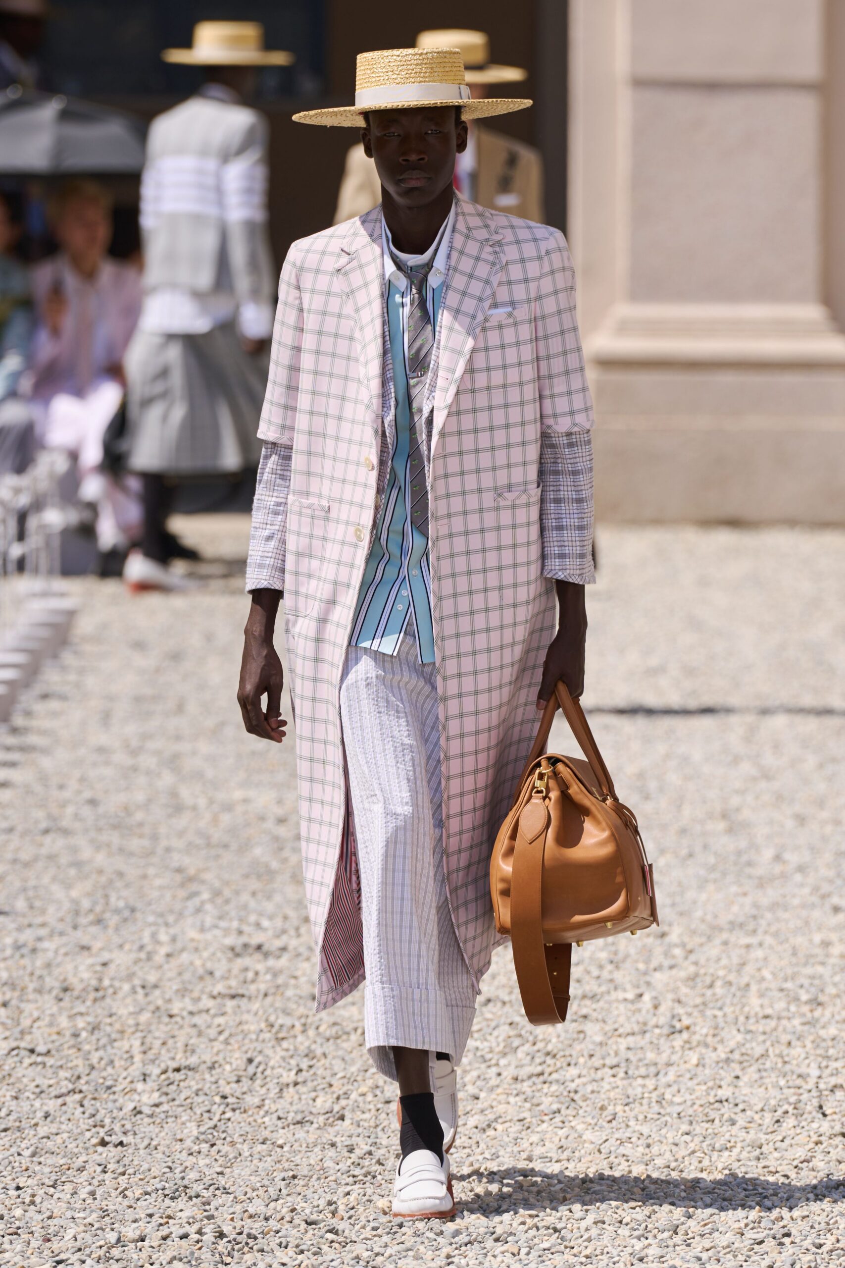 pink cotton long-sleeve collared relaxed checked maxi coat