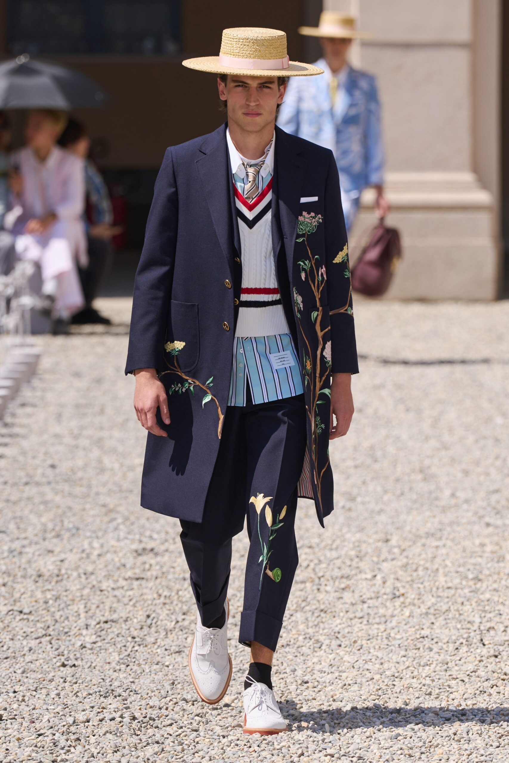 blue cotton tailored straight-leg pants