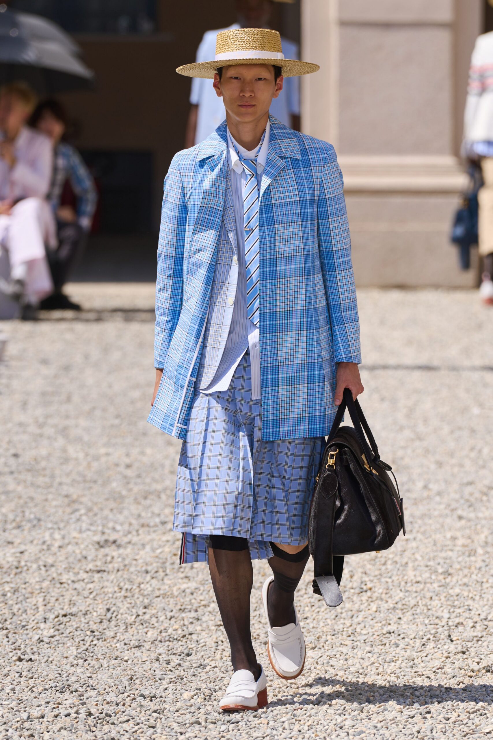 blue cotton relaxed checked skirt