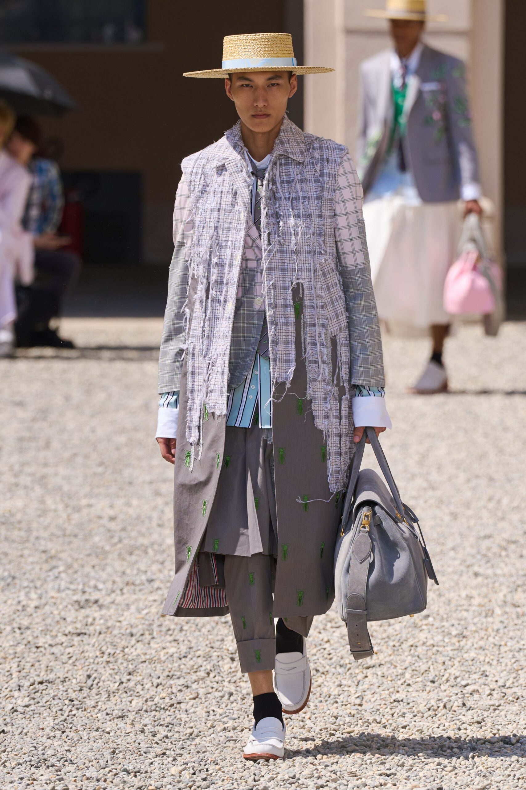 gray cotton long-sleeve collared relaxed layered fringed coat