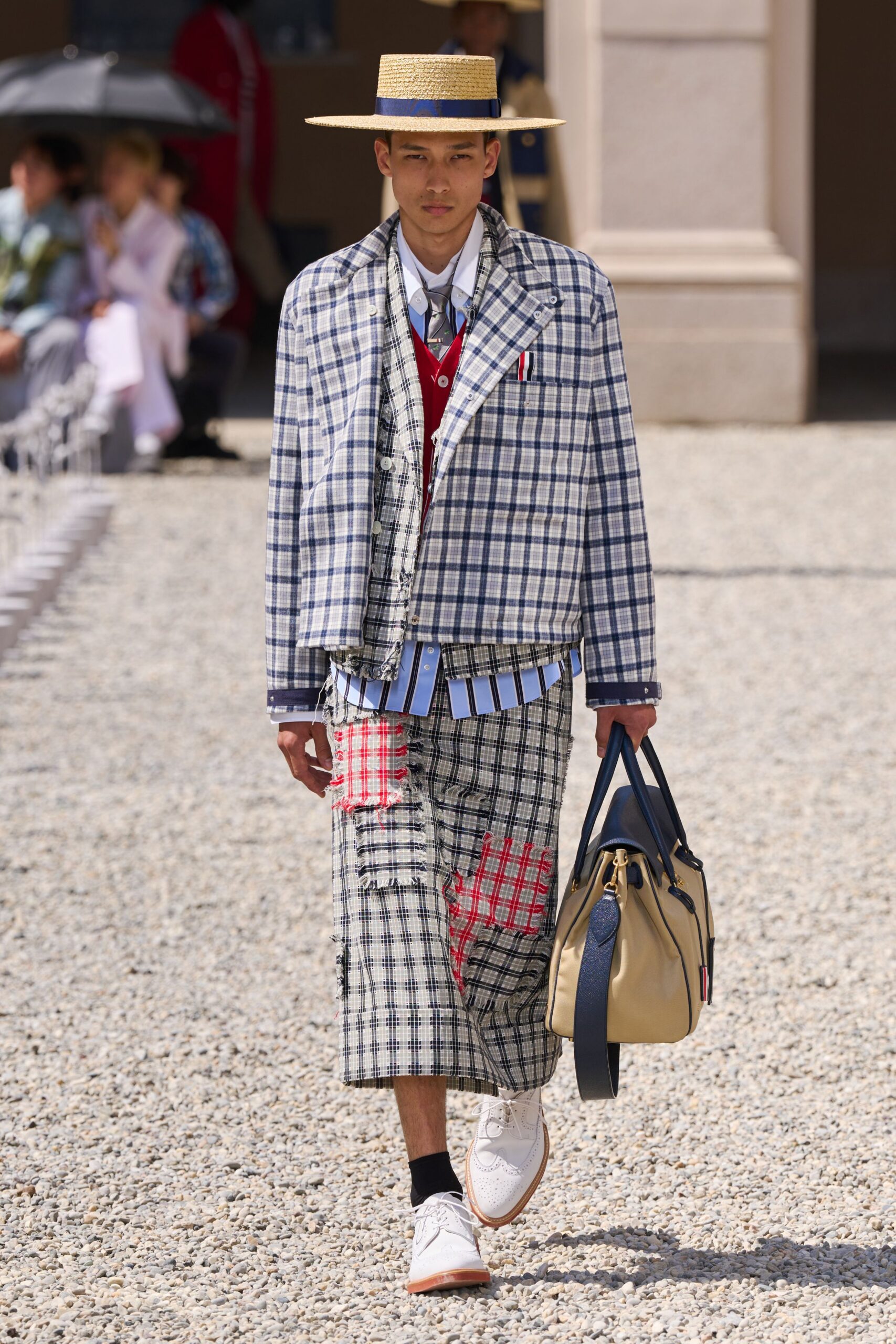 blue cotton relaxed checked skirt