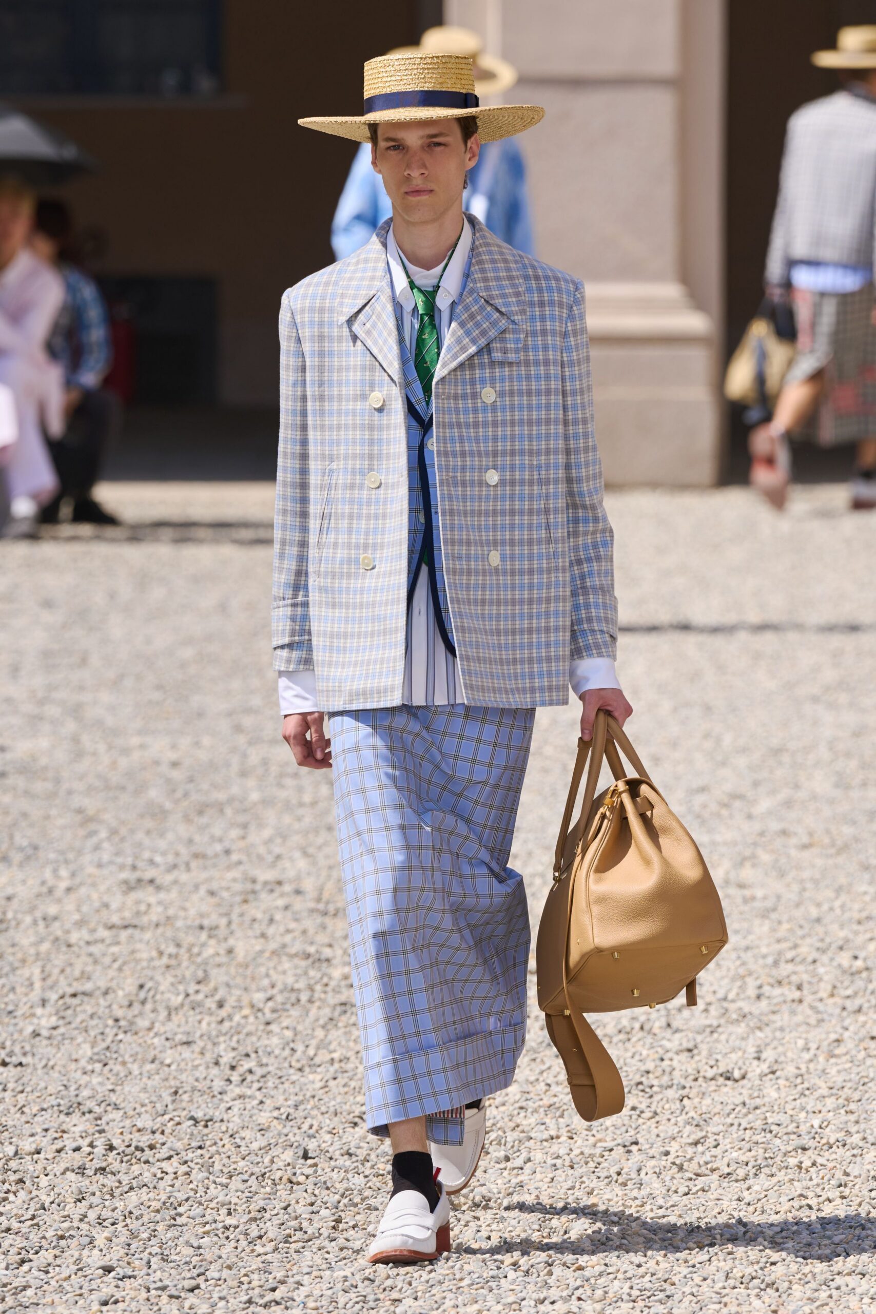 blue cotton relaxed checked straight-leg skirt