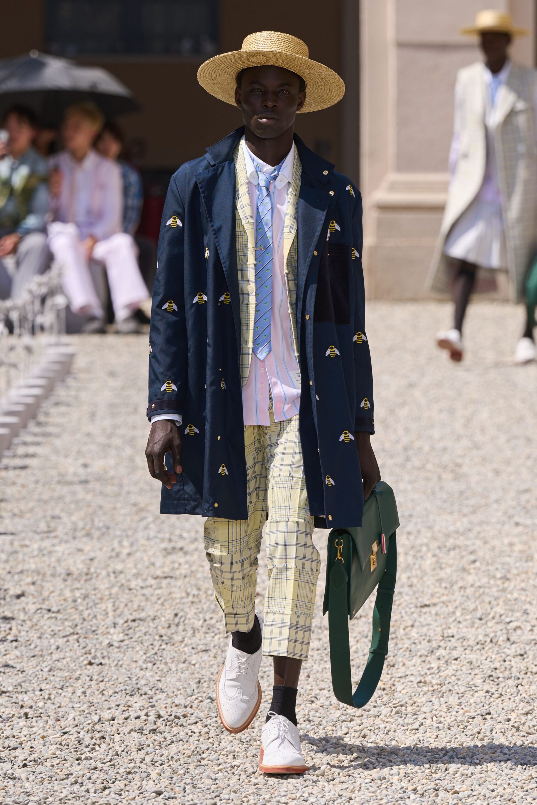 blue cotton long-sleeve collared relaxed embroidered coat