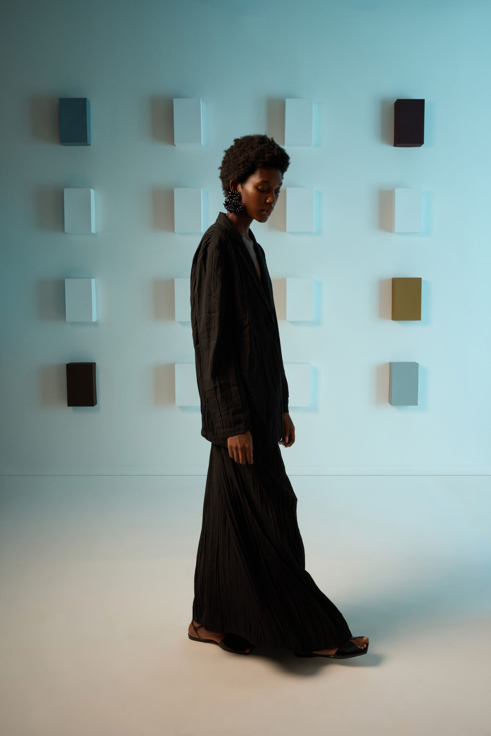 black cotton long-sleeve v-neck fitted pleated maxi dress