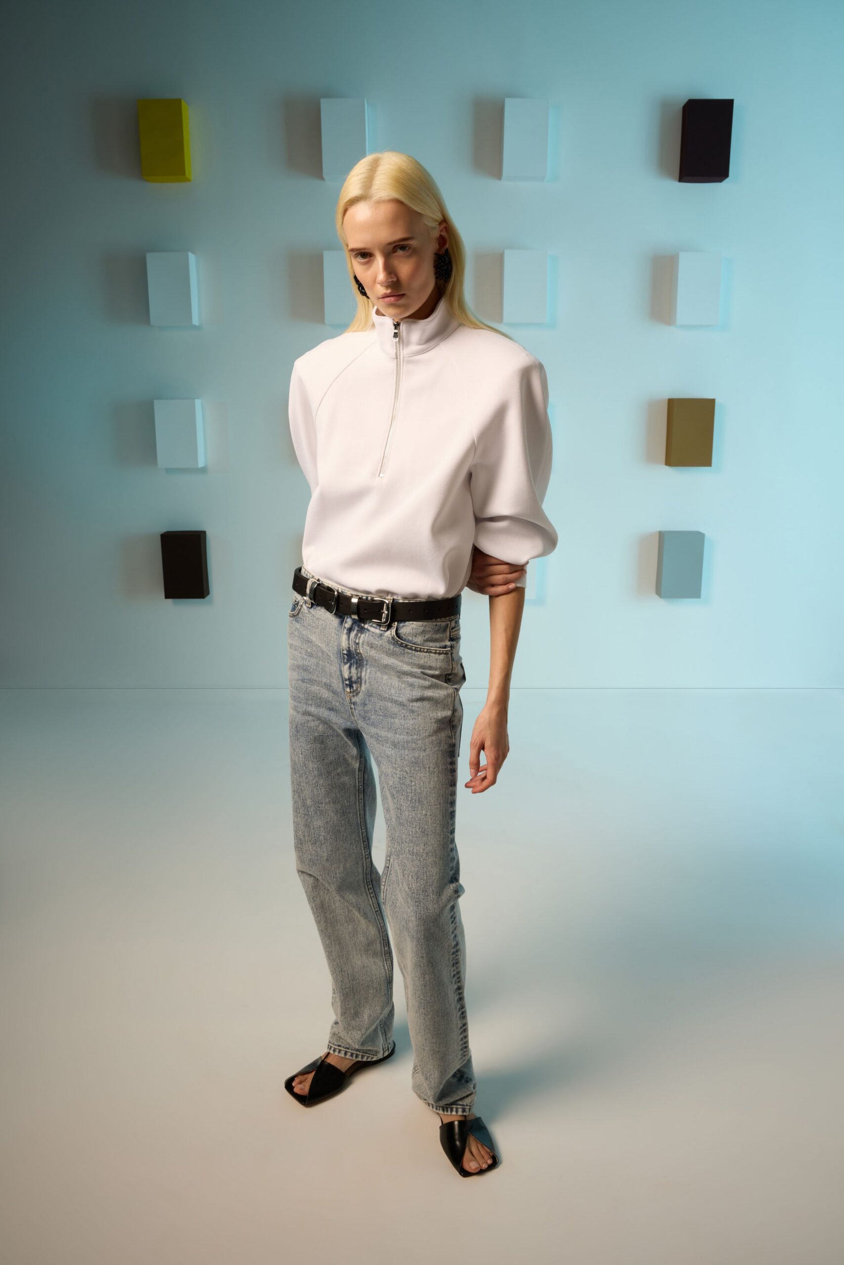 white cotton long-sleeve collared relaxed zippered top