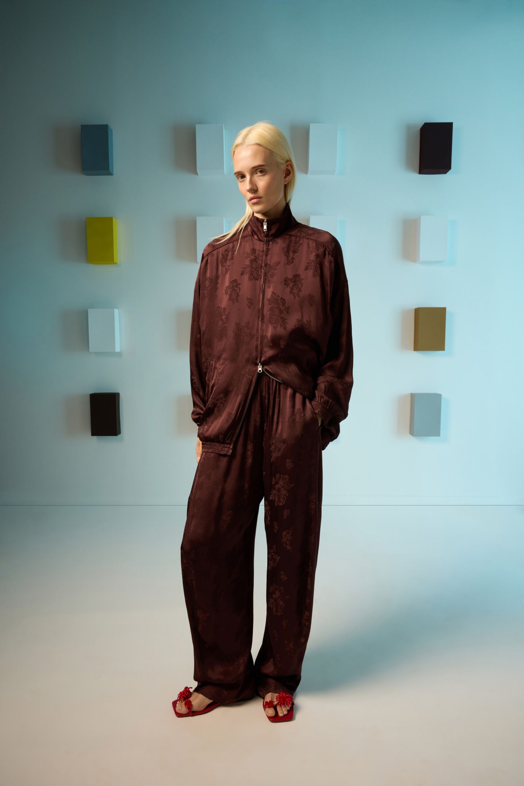 maroon silk jacket and pants