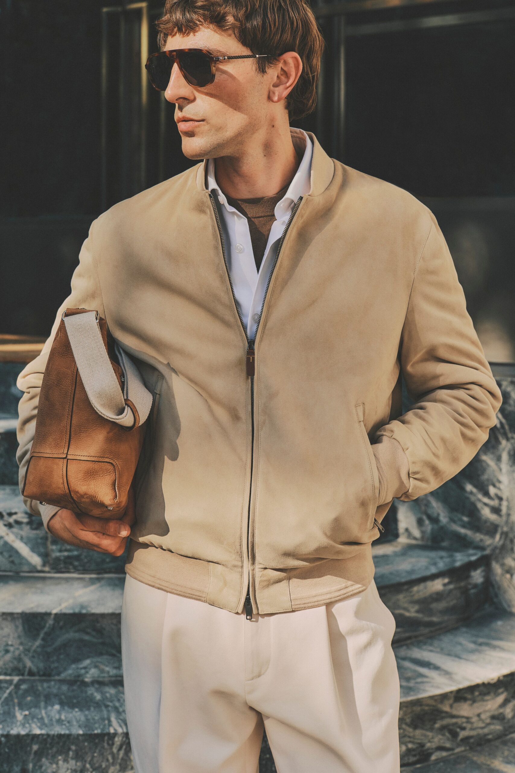 beige suede long-sleeve collared relaxed jacket
