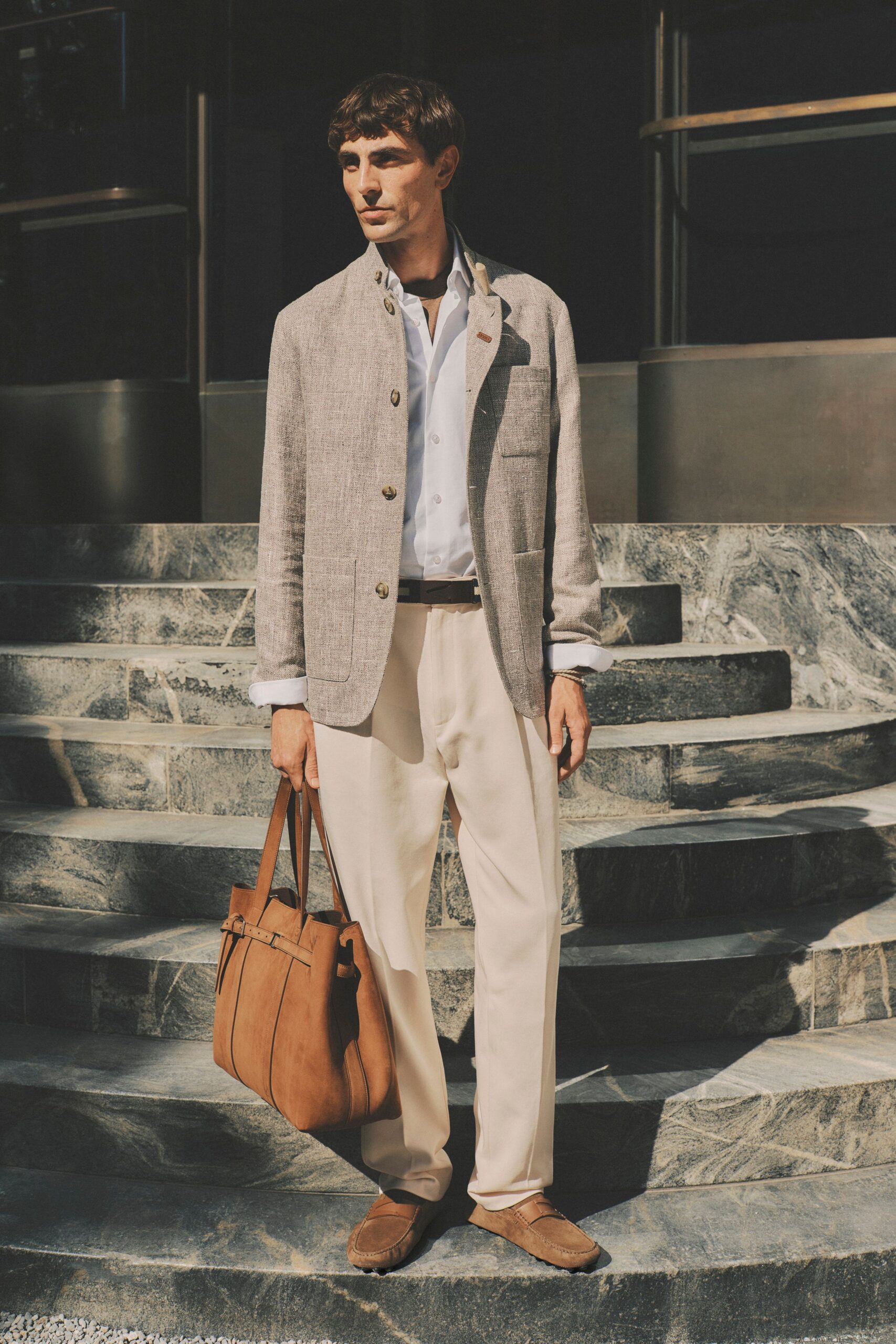 beige linen long-sleeve collared structured buttoned blazer