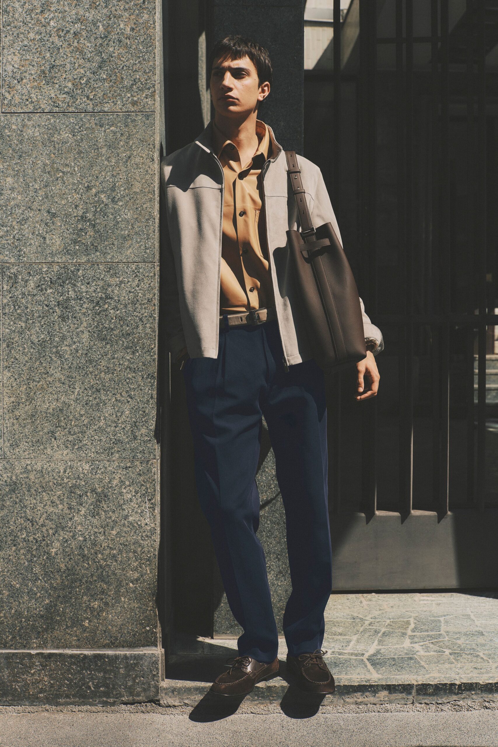 blue cotton tailored straight-leg pants