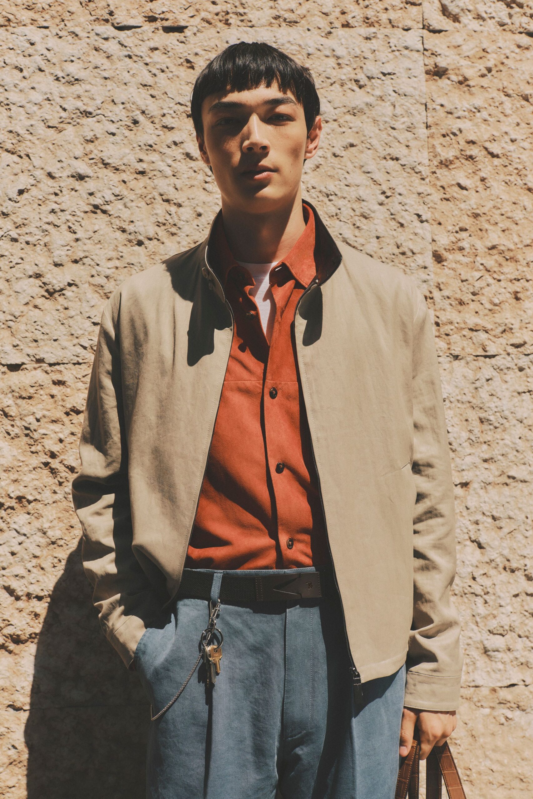red cotton long-sleeve collared fitted shirt