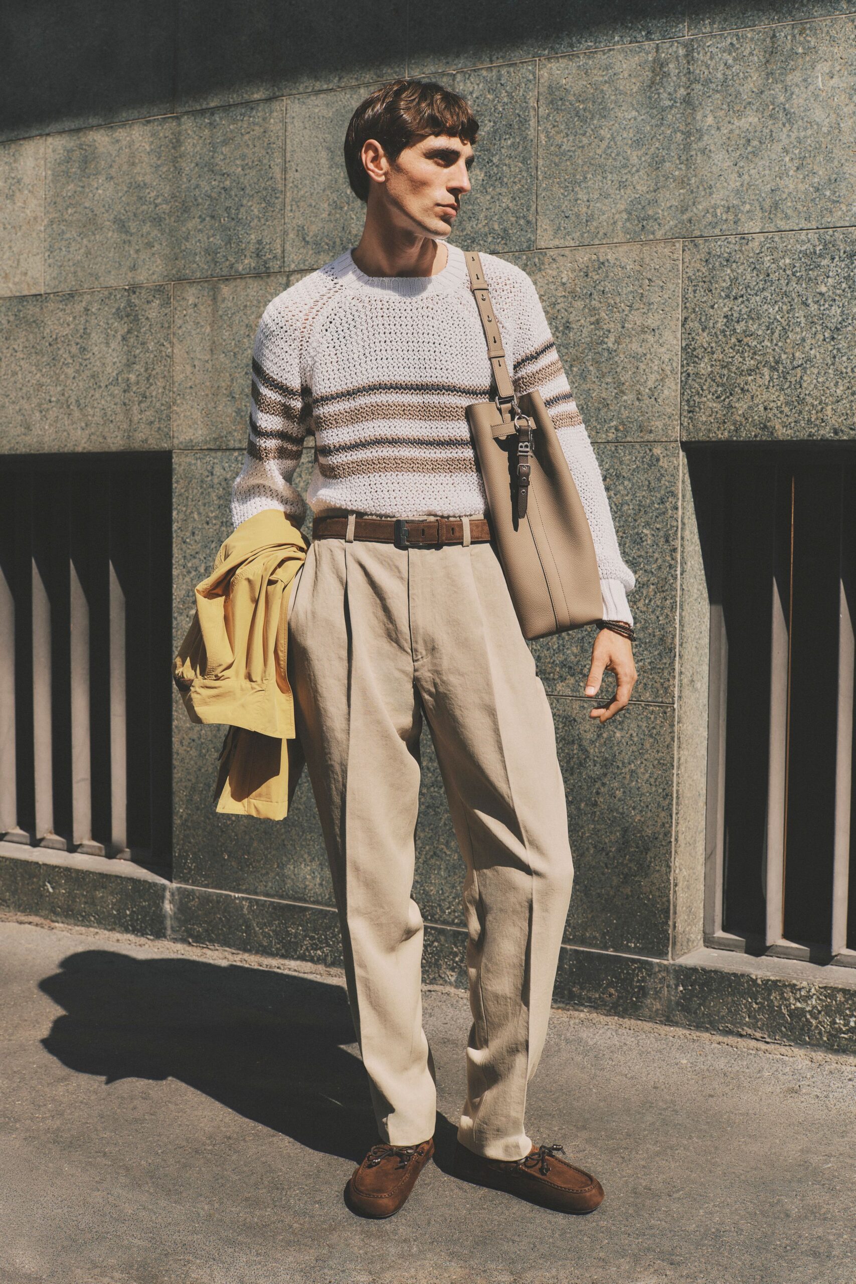 fitted striped sweater with relaxed pants