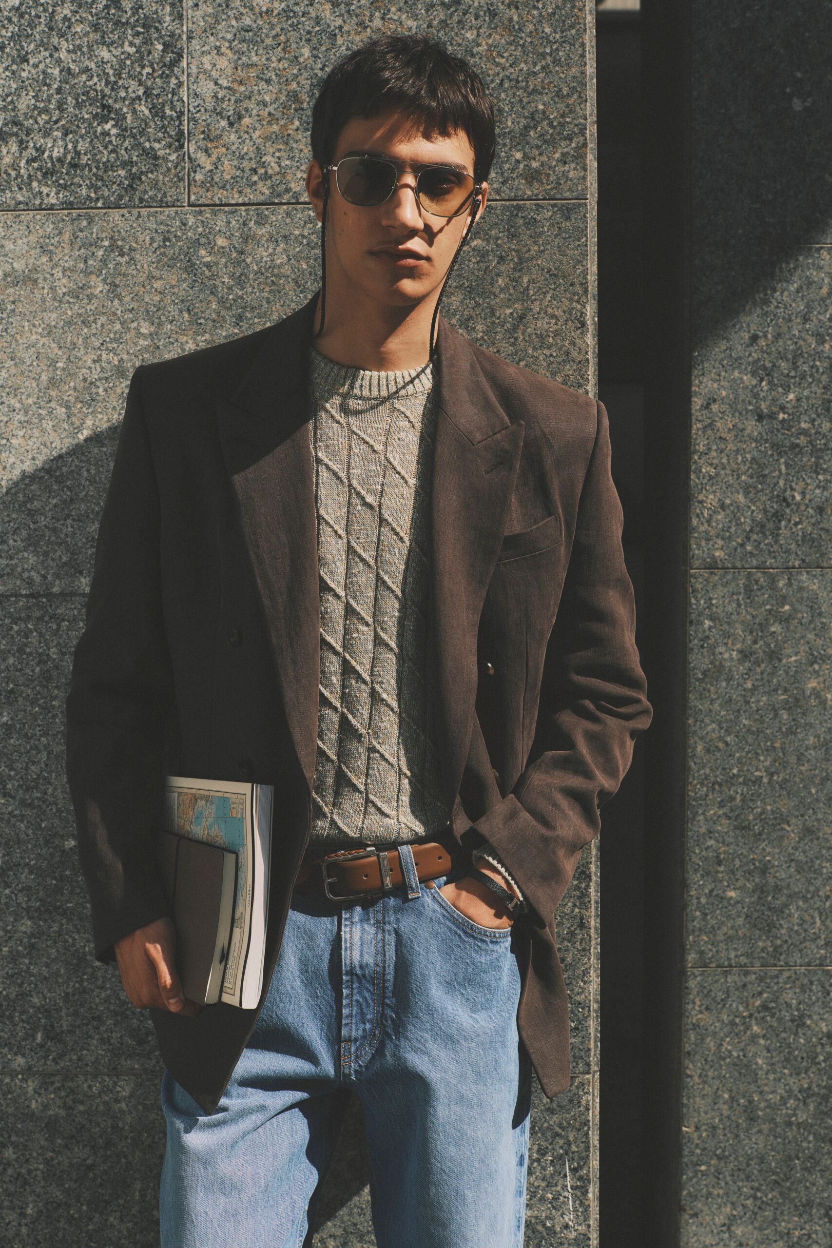 brown cotton long-sleeve collared structured blazer