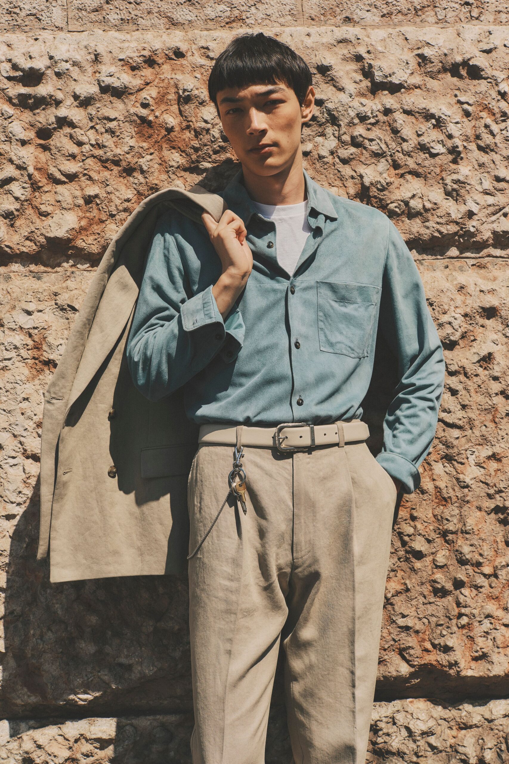 blue cotton shirt beige pants