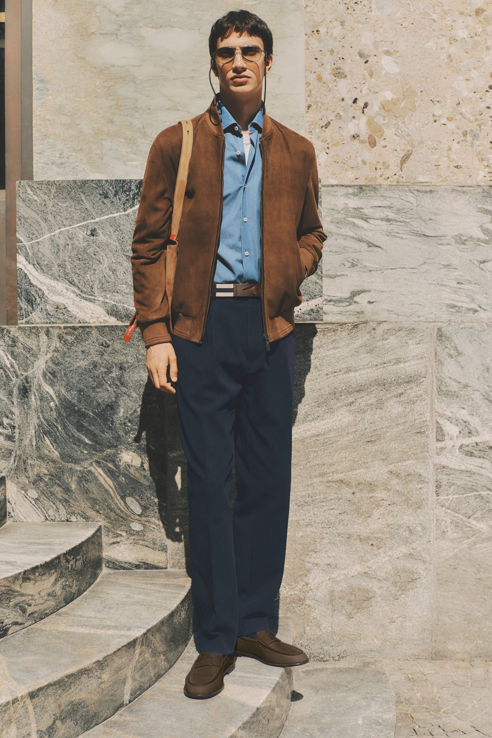 blue cotton tailored straight-leg pants