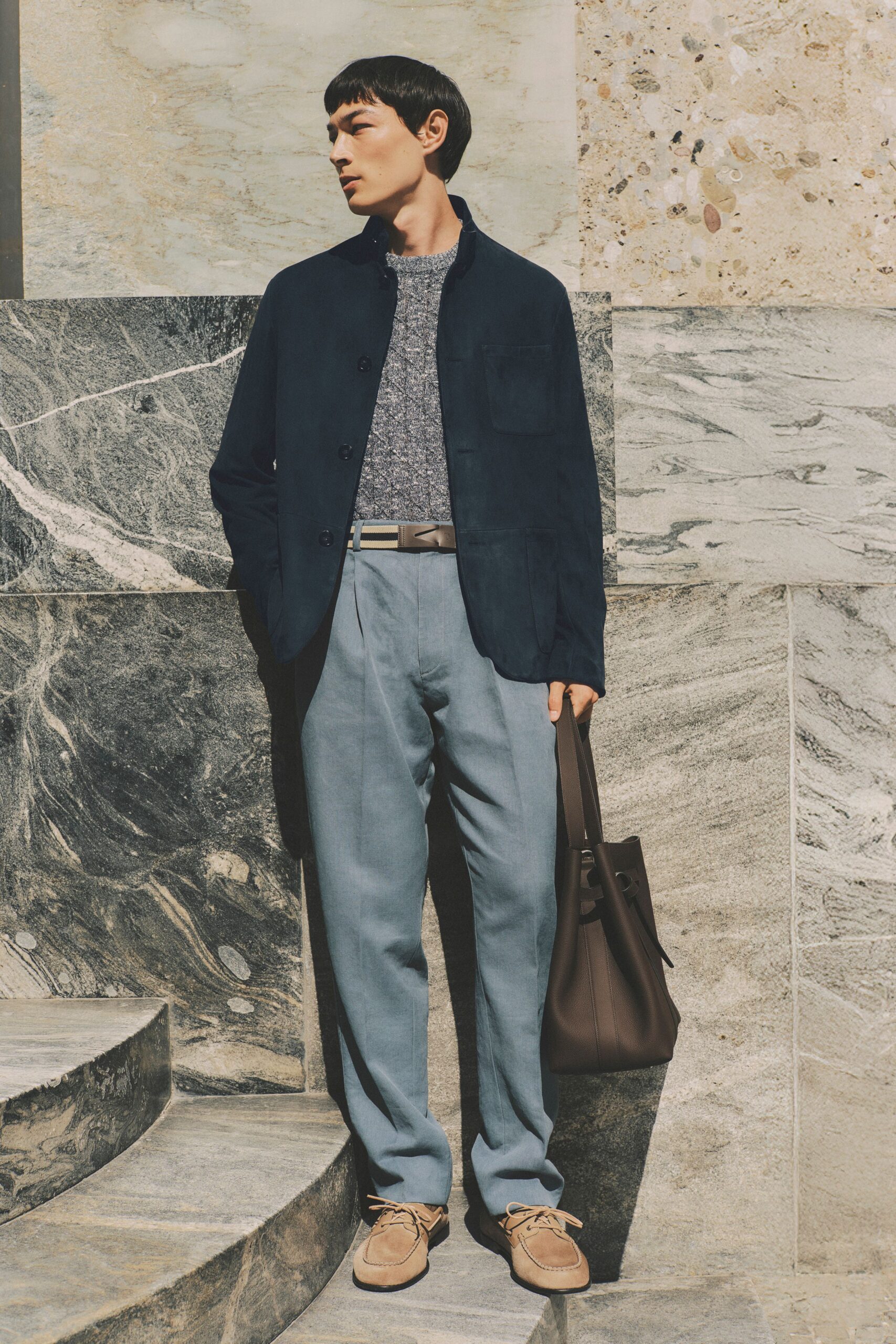 blue cotton tailored pleated pants
