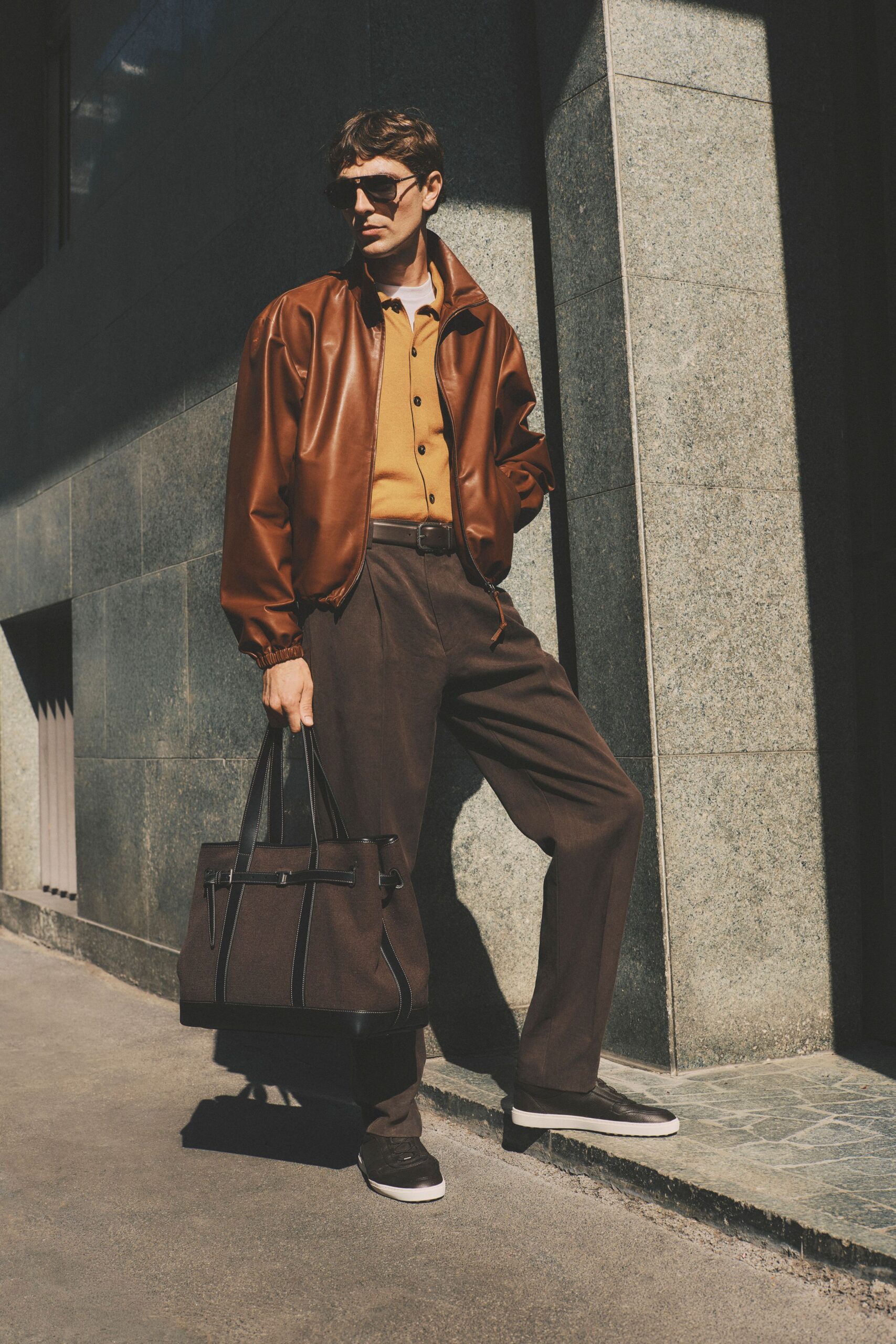brown leather long-sleeve collared relaxed jacket
