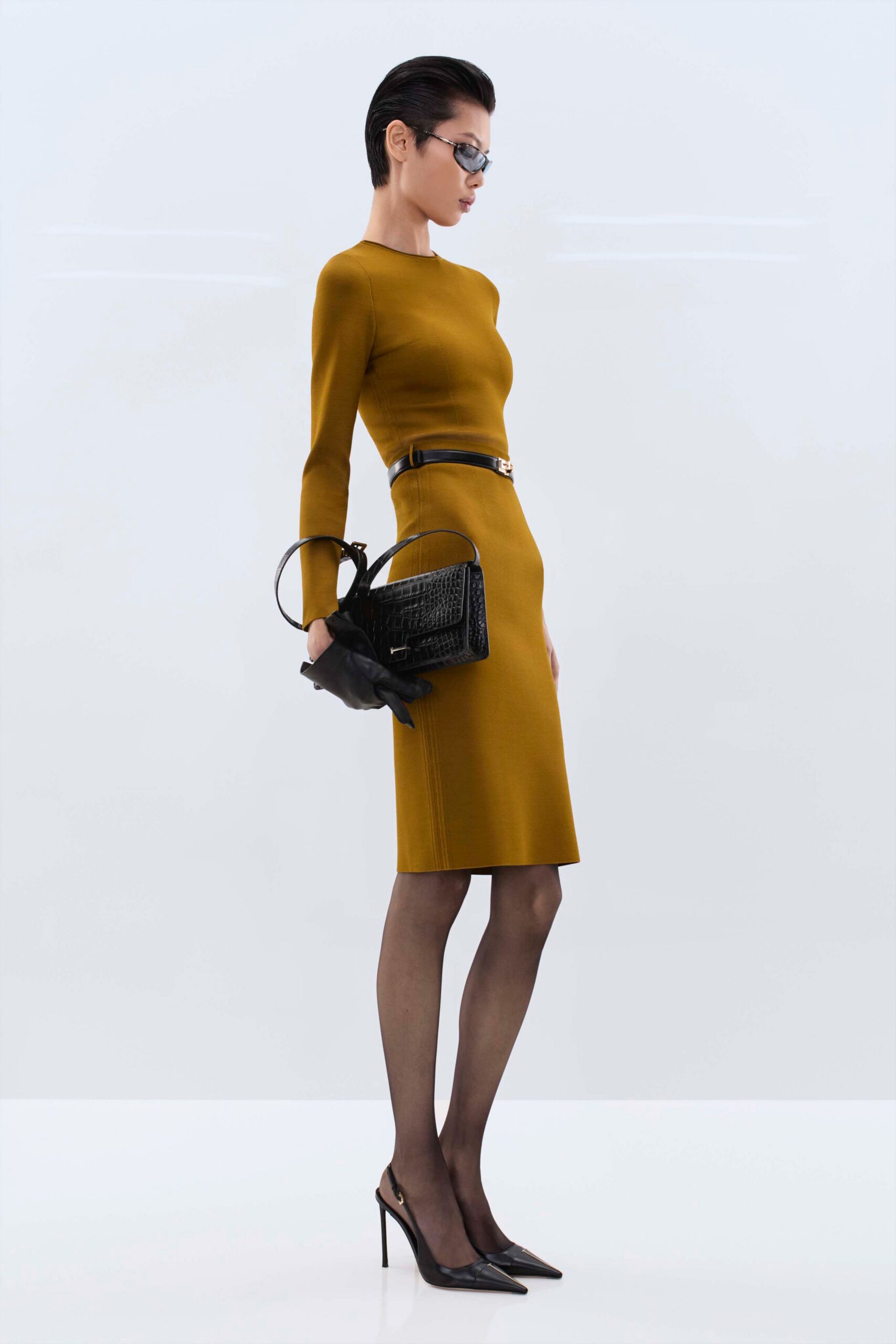 brown cotton long-sleeve scoop-neck fitted pencil belted dress