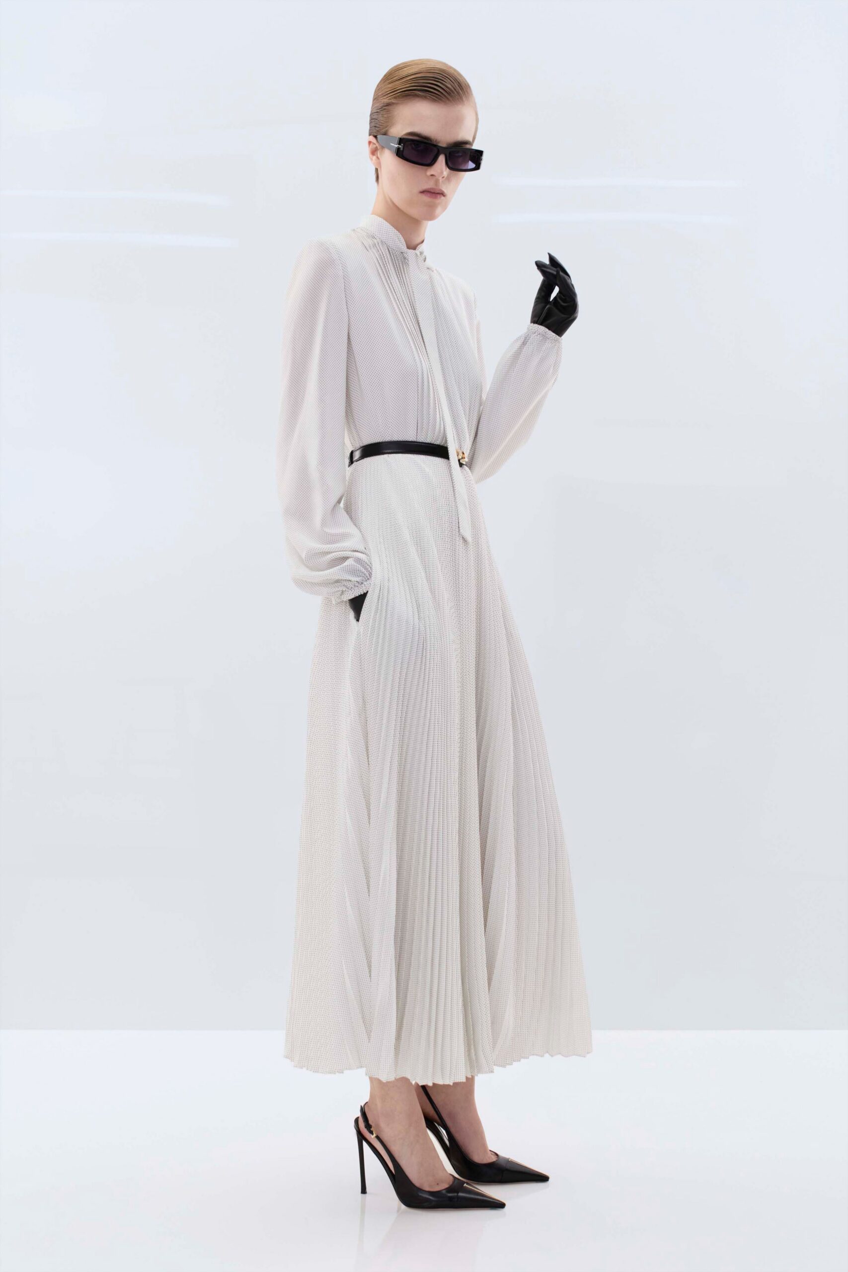 white silk long-sleeve collared fitted pleated maxi dress