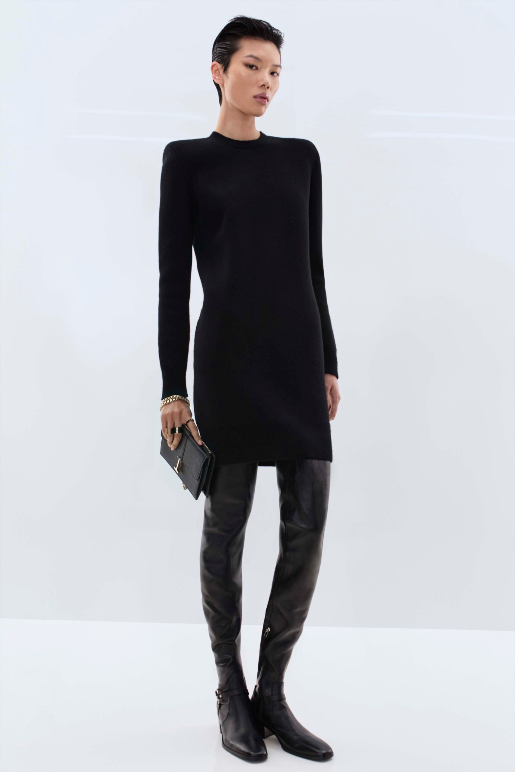 black knit long-sleeve high-neck fitted short dress