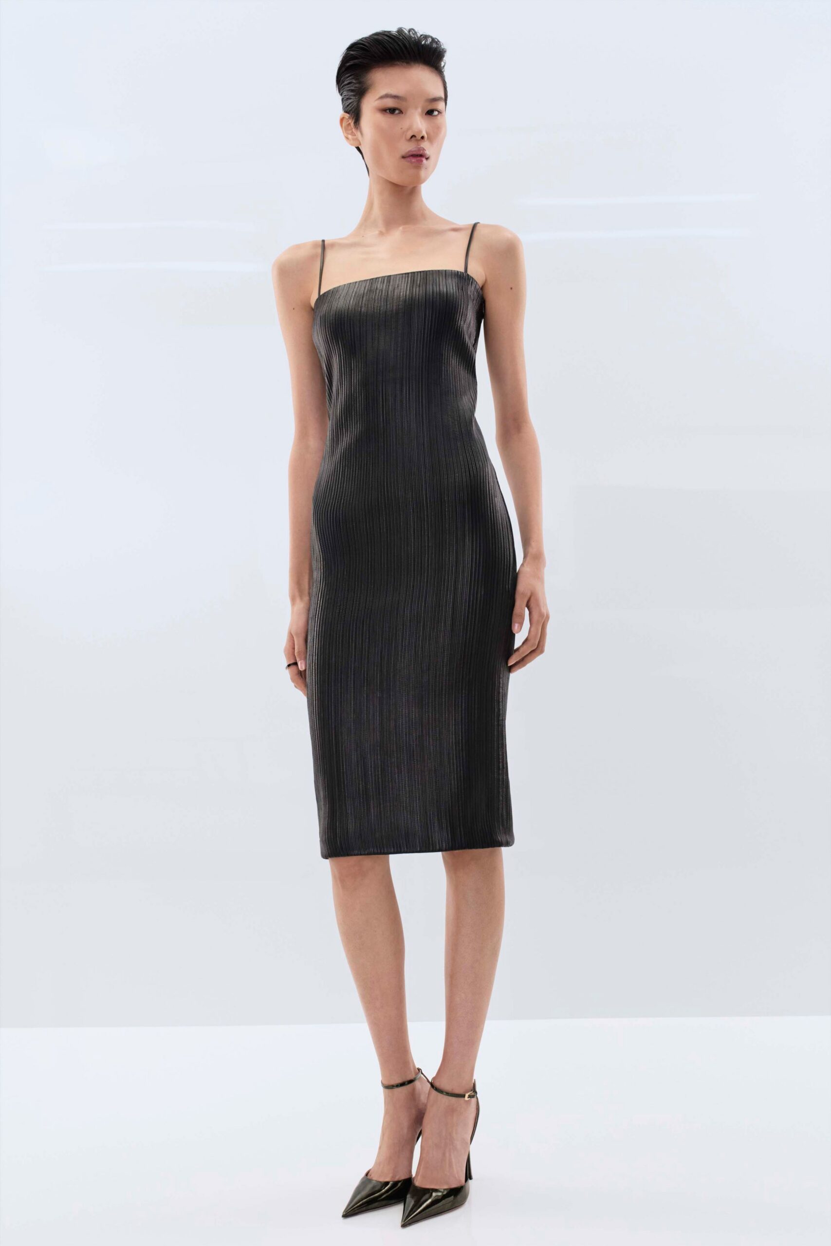 black silk sleeveless v-neck fitted pleated shiny dress