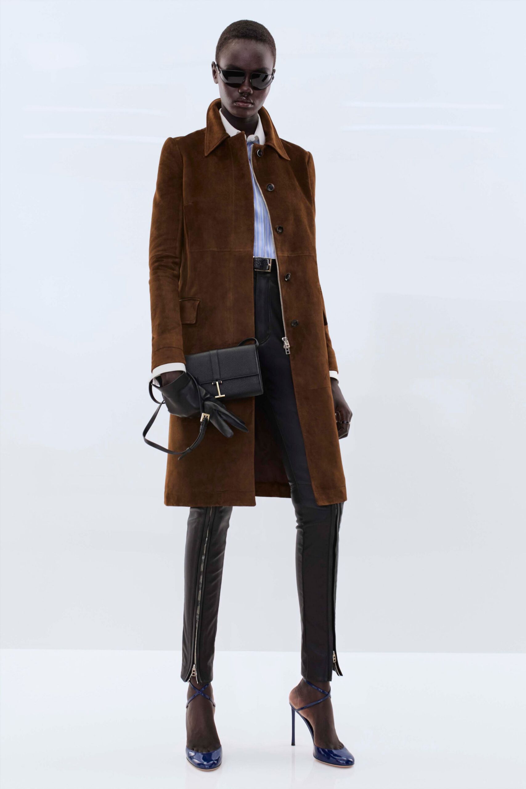 brown suede long-sleeve collared fitted buttoned coat