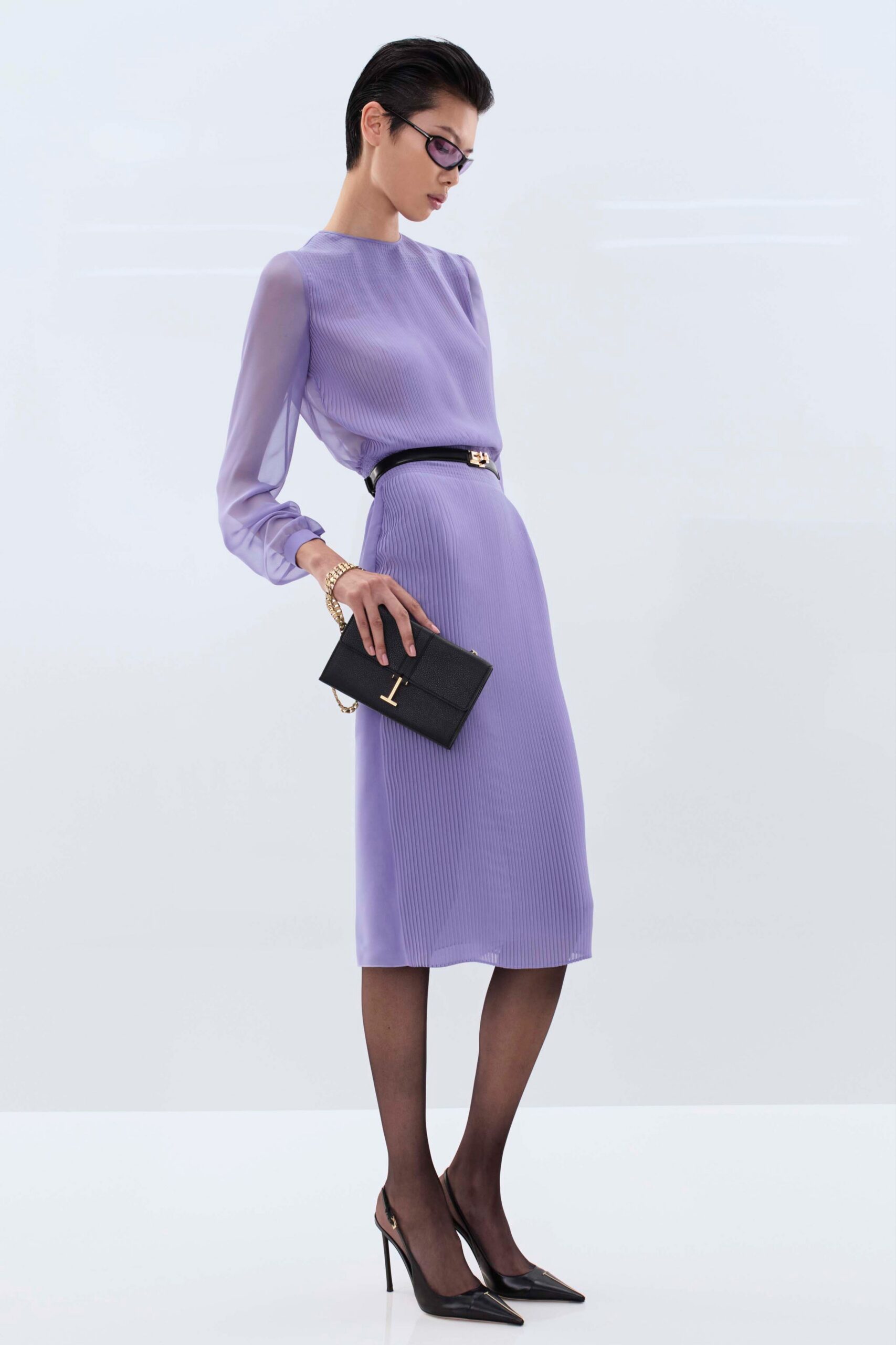 purple silk long-sleeve collared fitted pleated midi dress