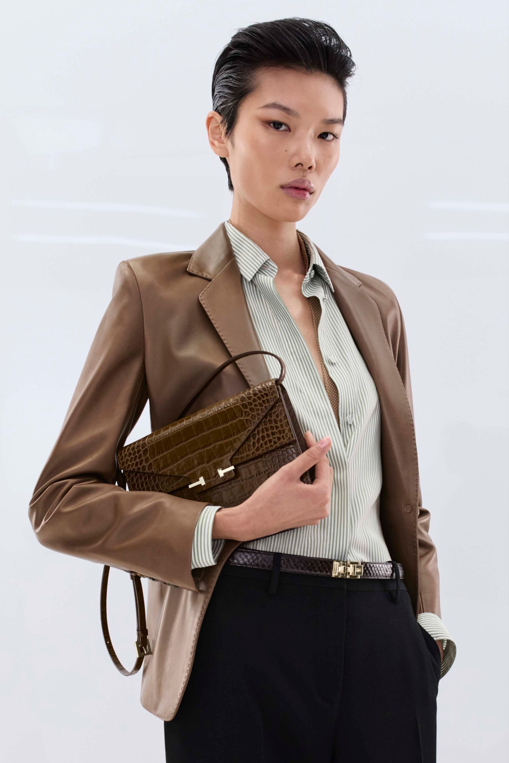 brown leather long-sleeve collared tailored blazer