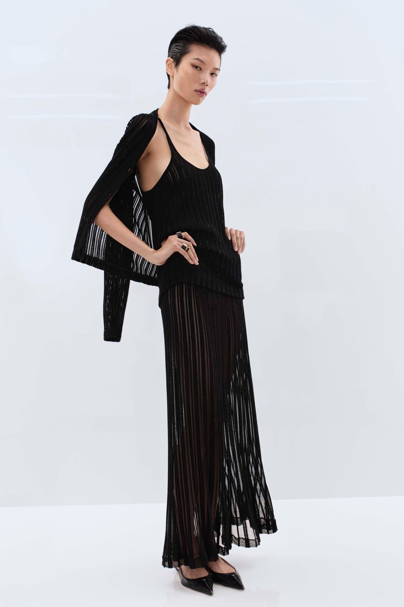 black silk sleeveless v-neck fitted pleated sheer dress