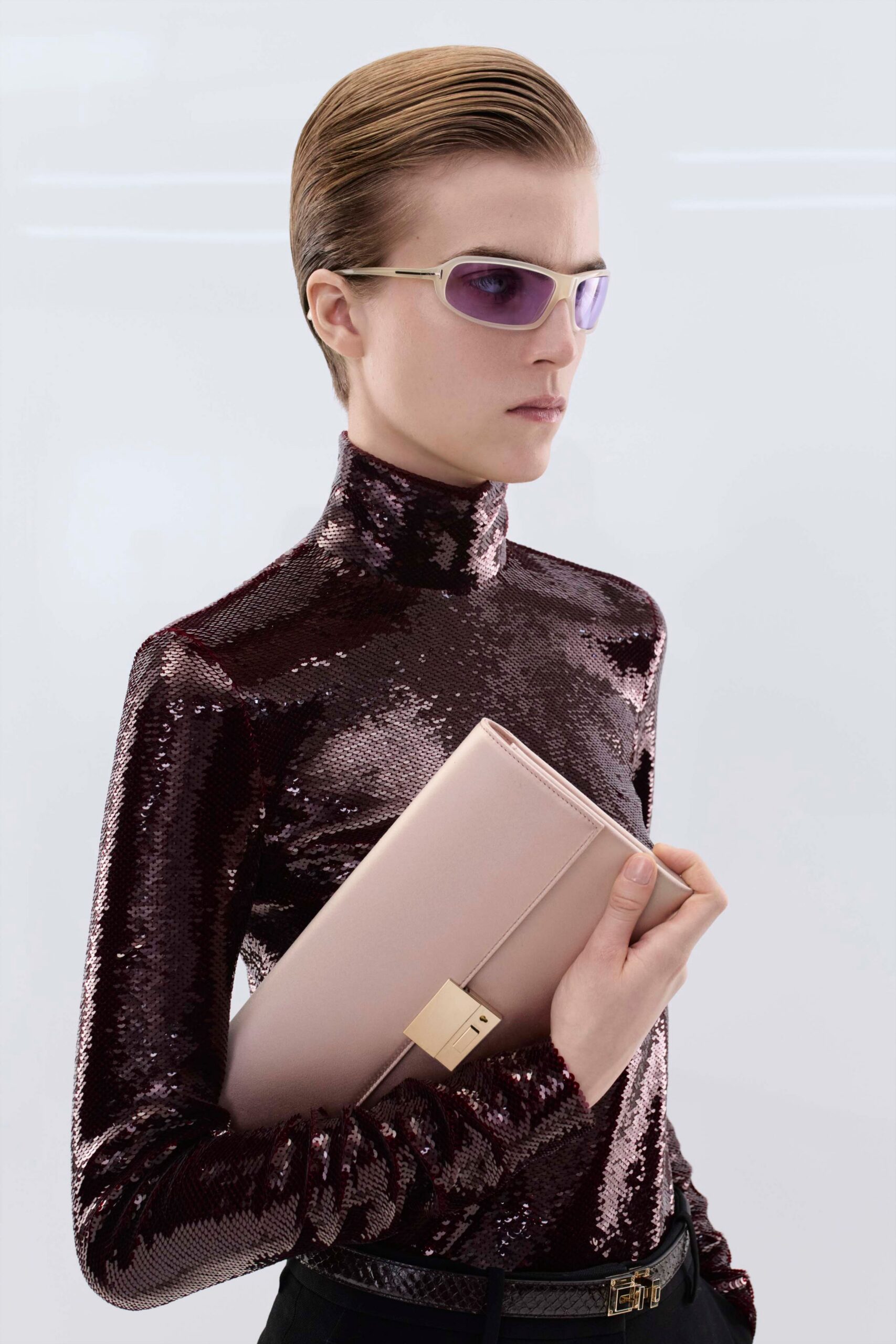 purple sequin long-sleeve turtleneck fitted shiny top