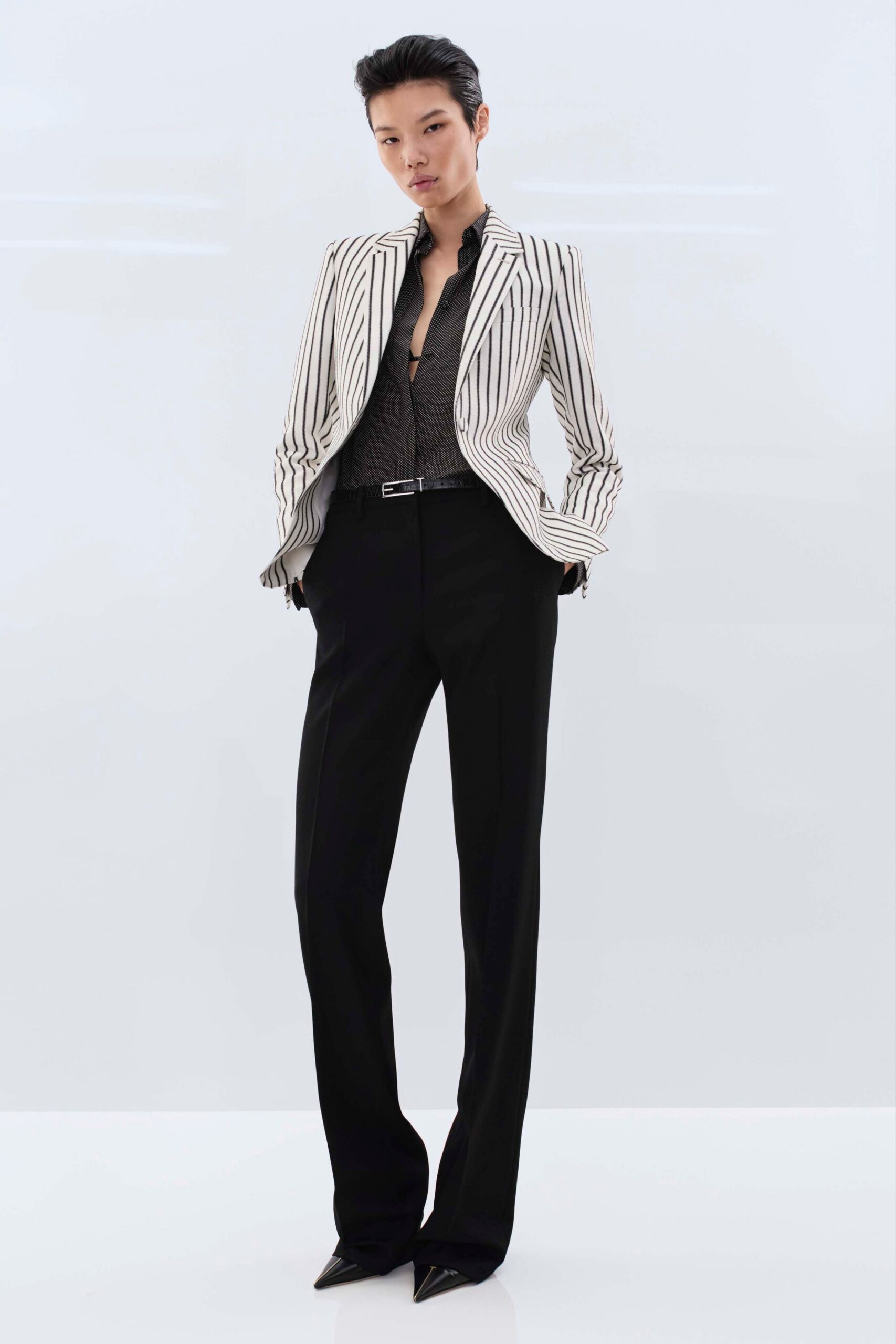 black long-sleeve collared fitted shirt