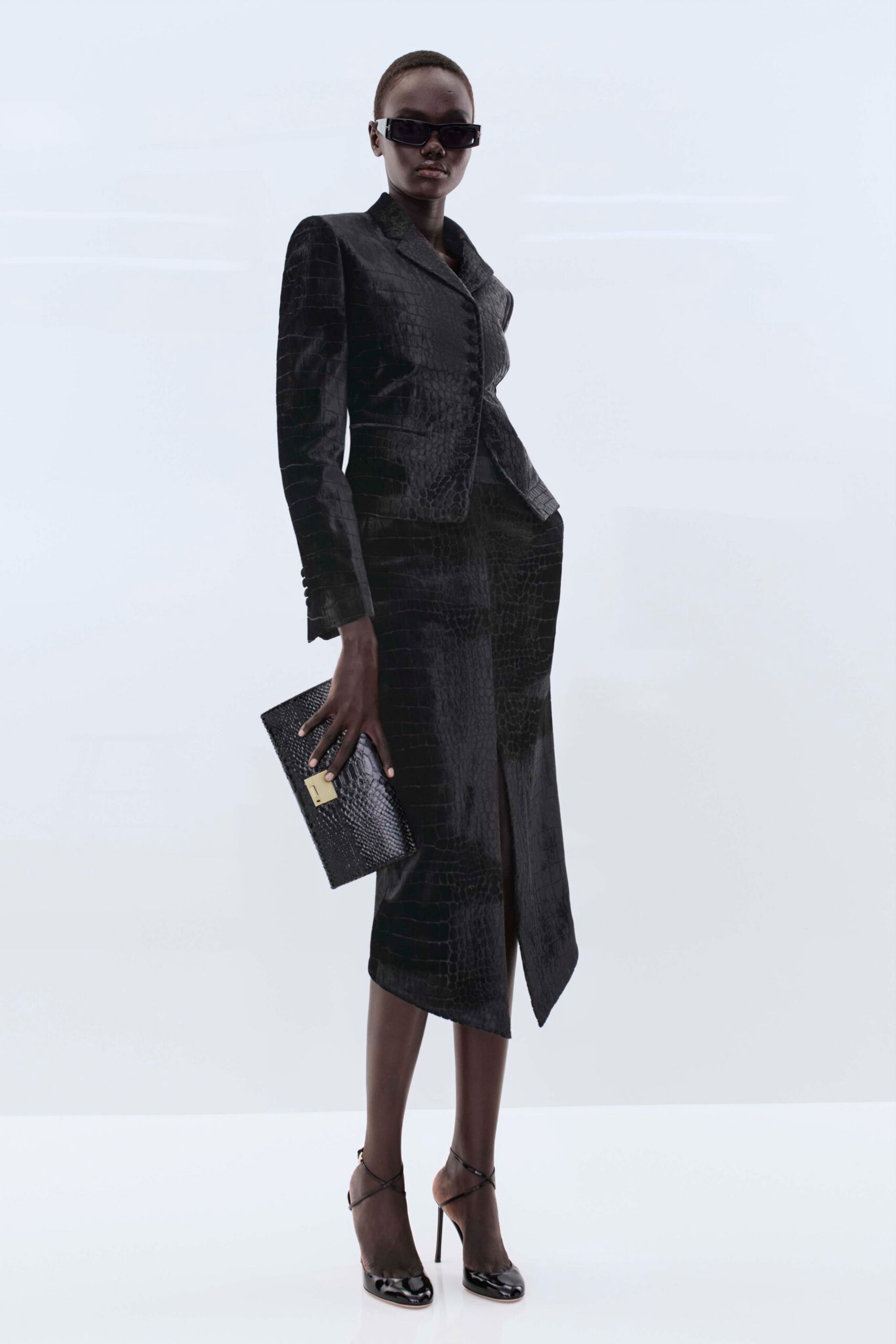 black silk long-sleeve v-neck fitted pencil midi dress