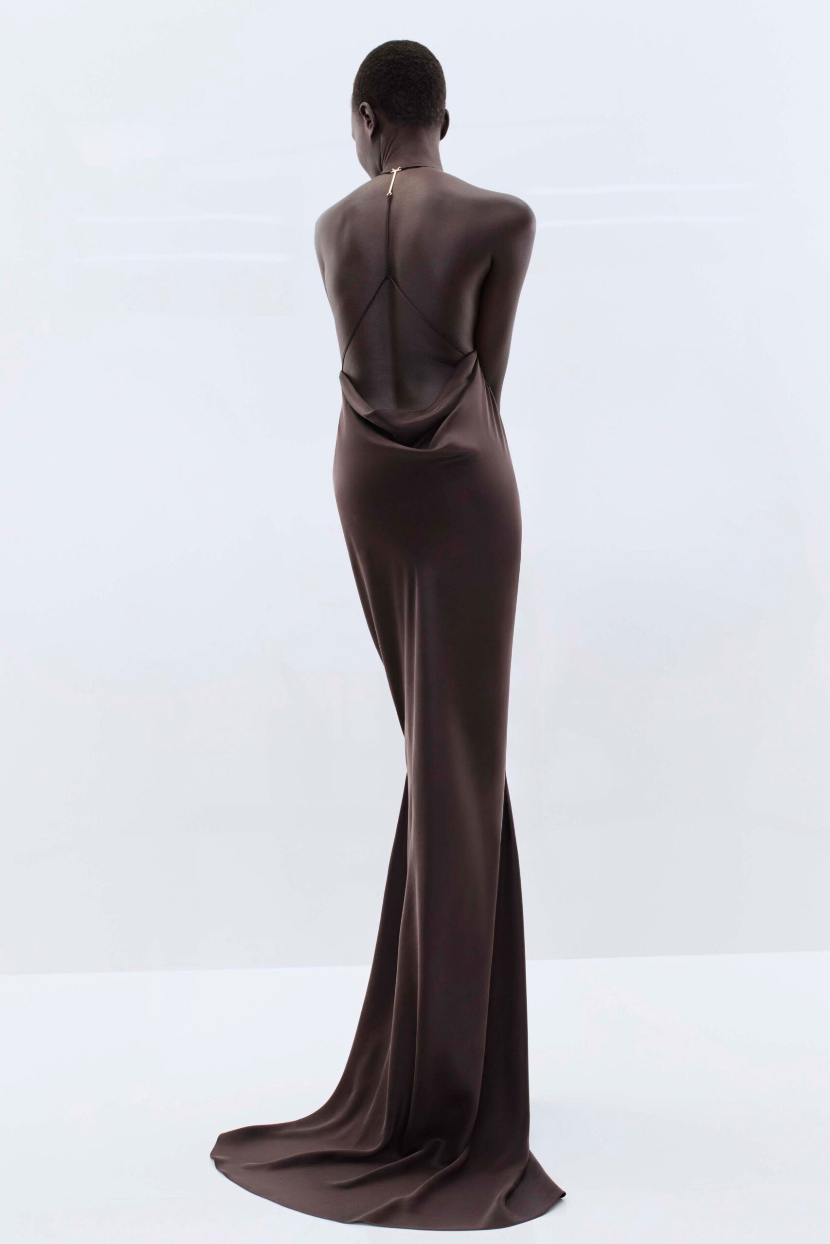 brown silk backless gown