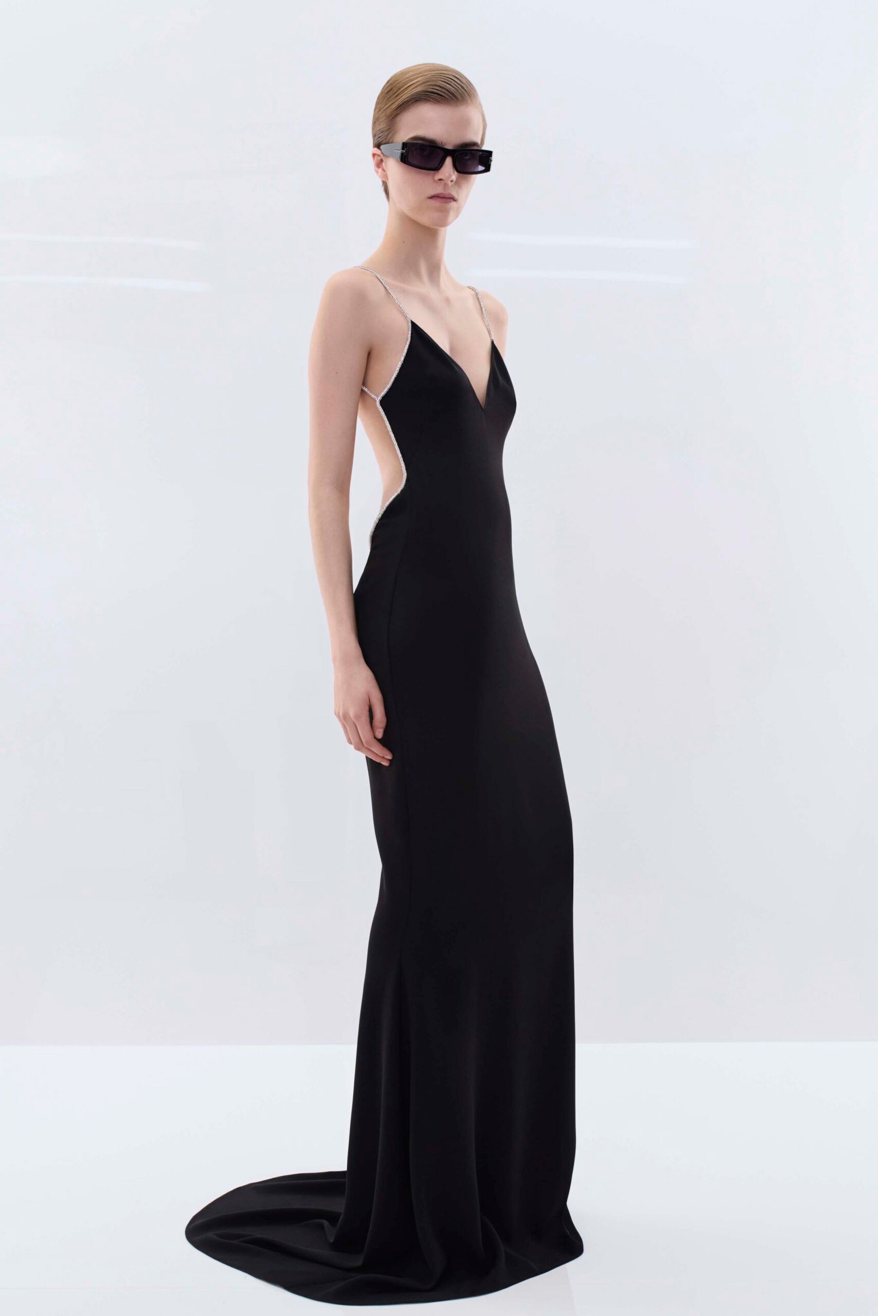 black silk sleeveless gown