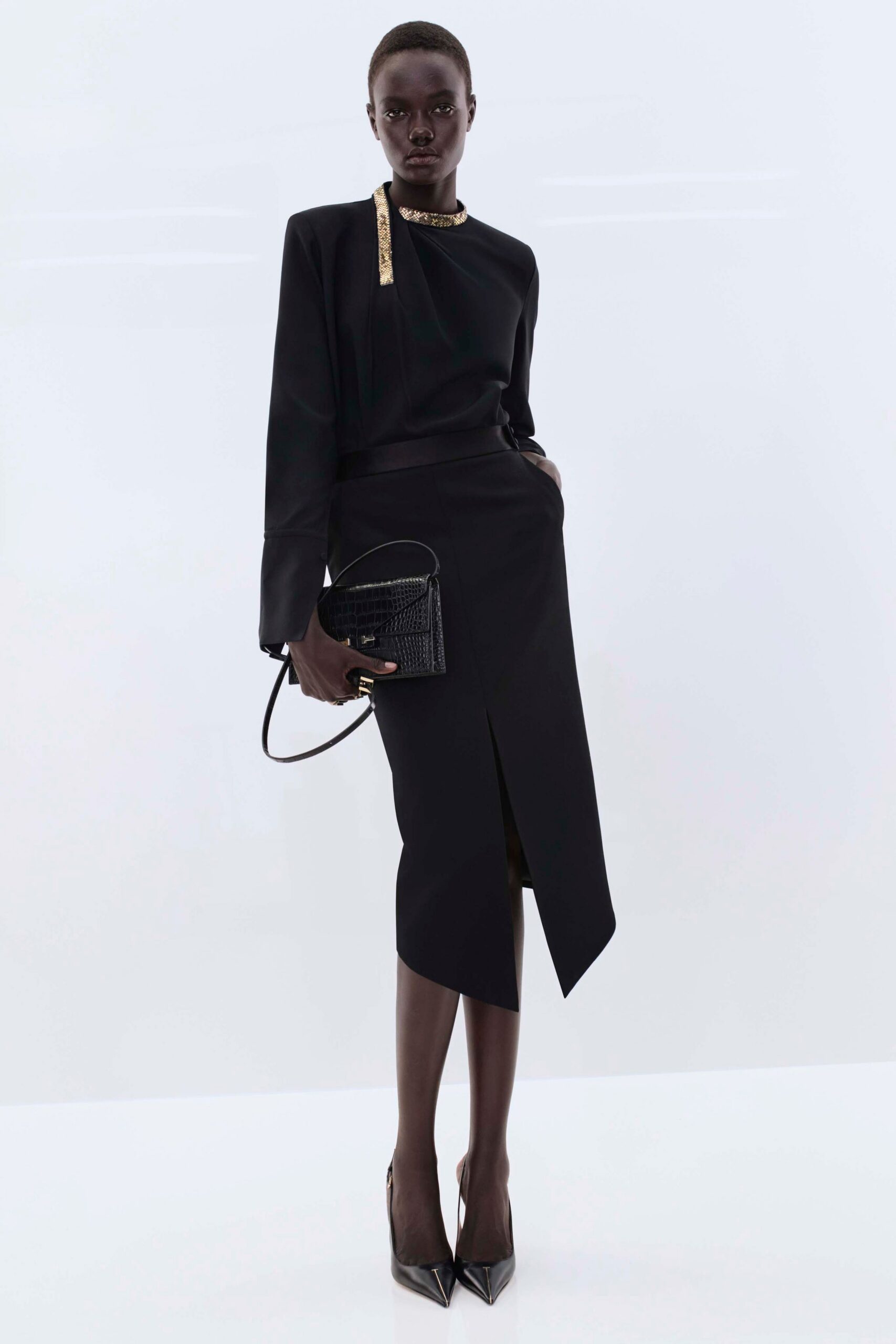 black cotton long-sleeve high-neck fitted zippered top