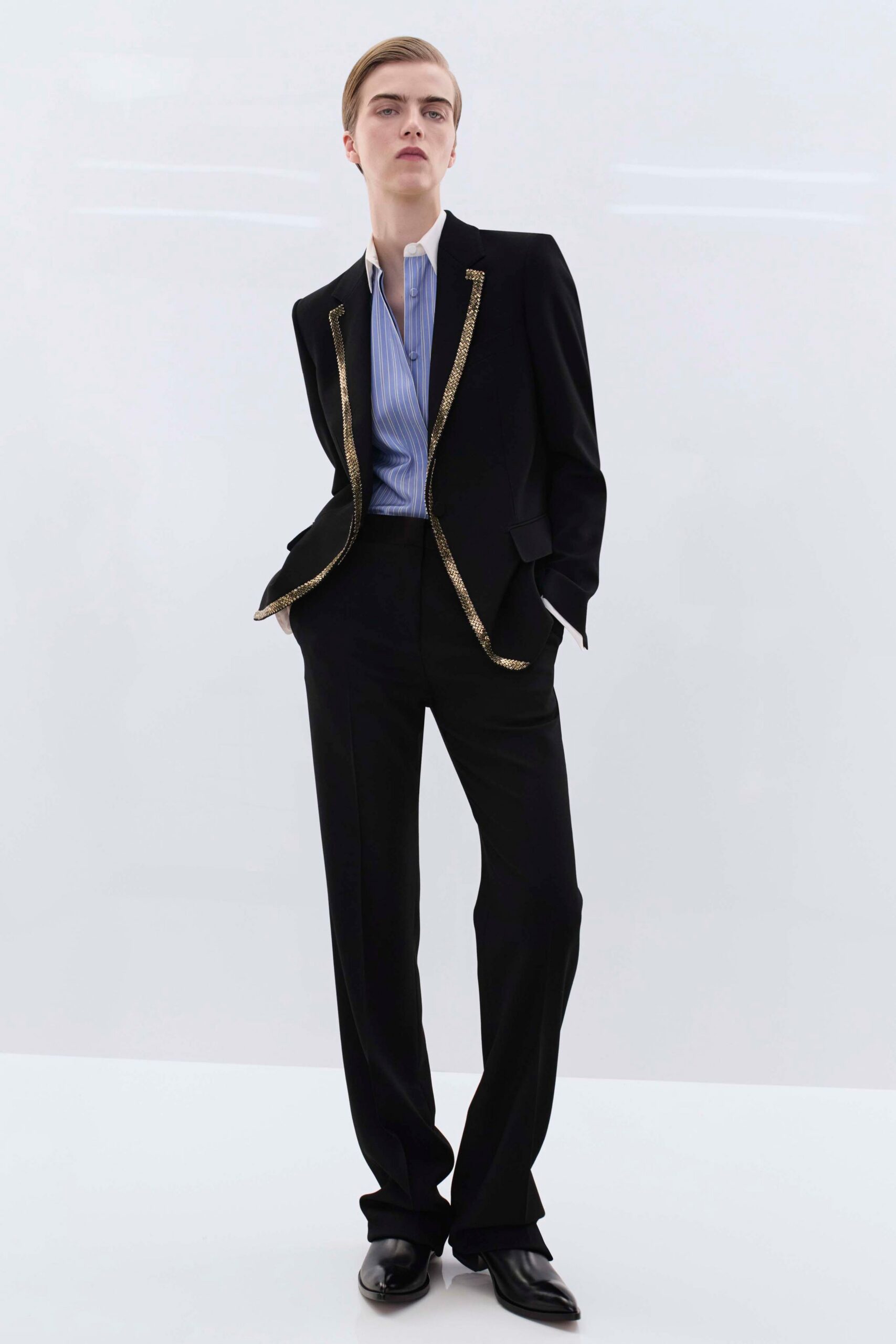 blue long-sleeve collared fitted shirt