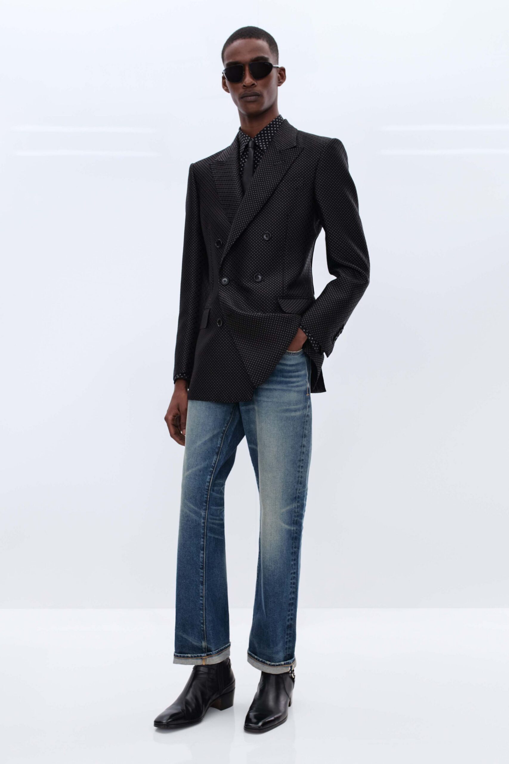 black cotton long-sleeve collared tailored printed blazer