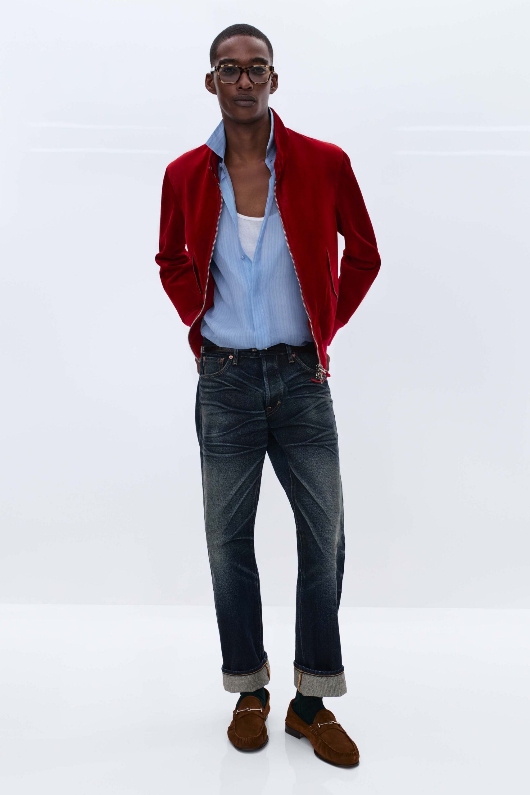 blue cotton long-sleeve collared relaxed shirt