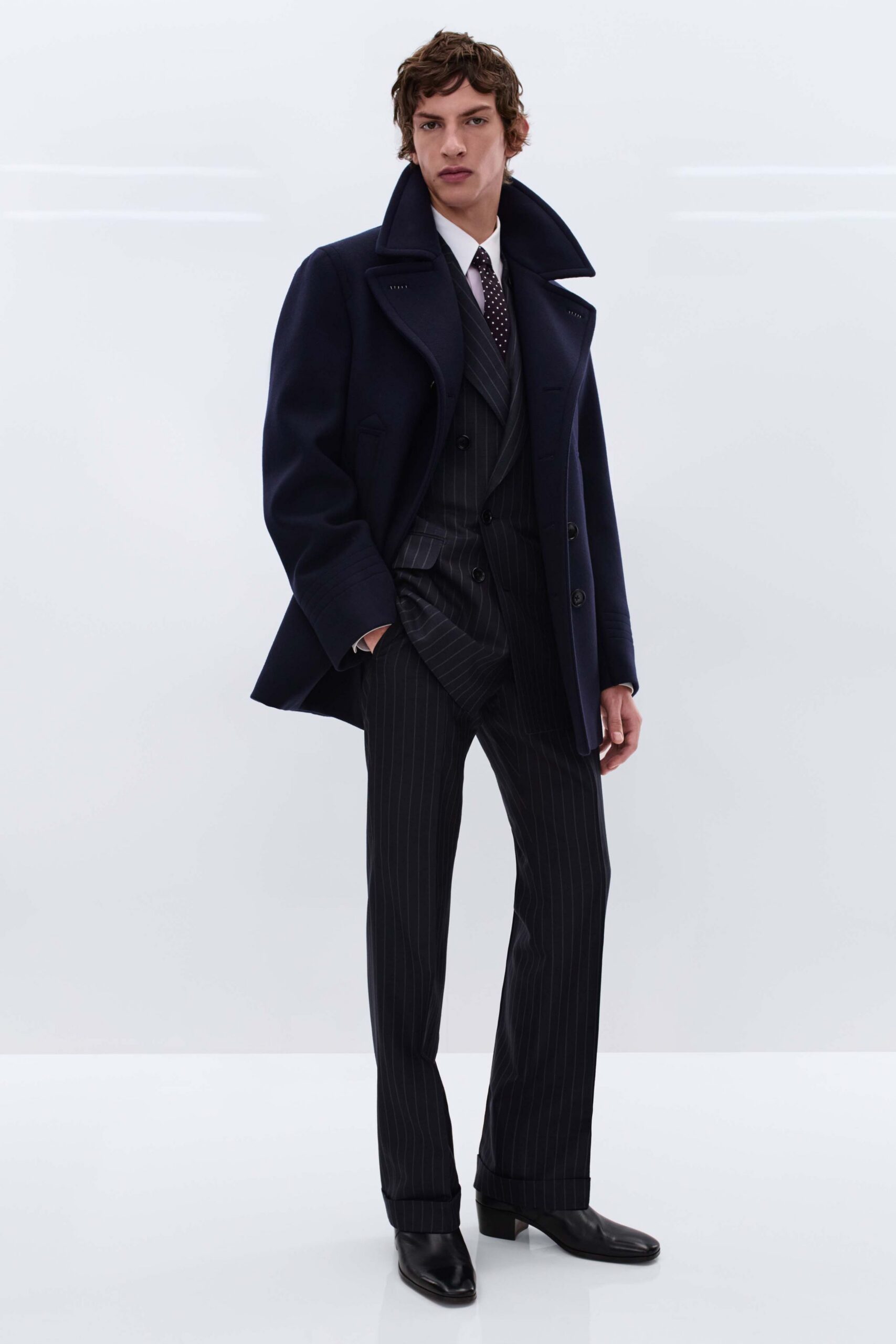 blue wool long-sleeve collared structured coat