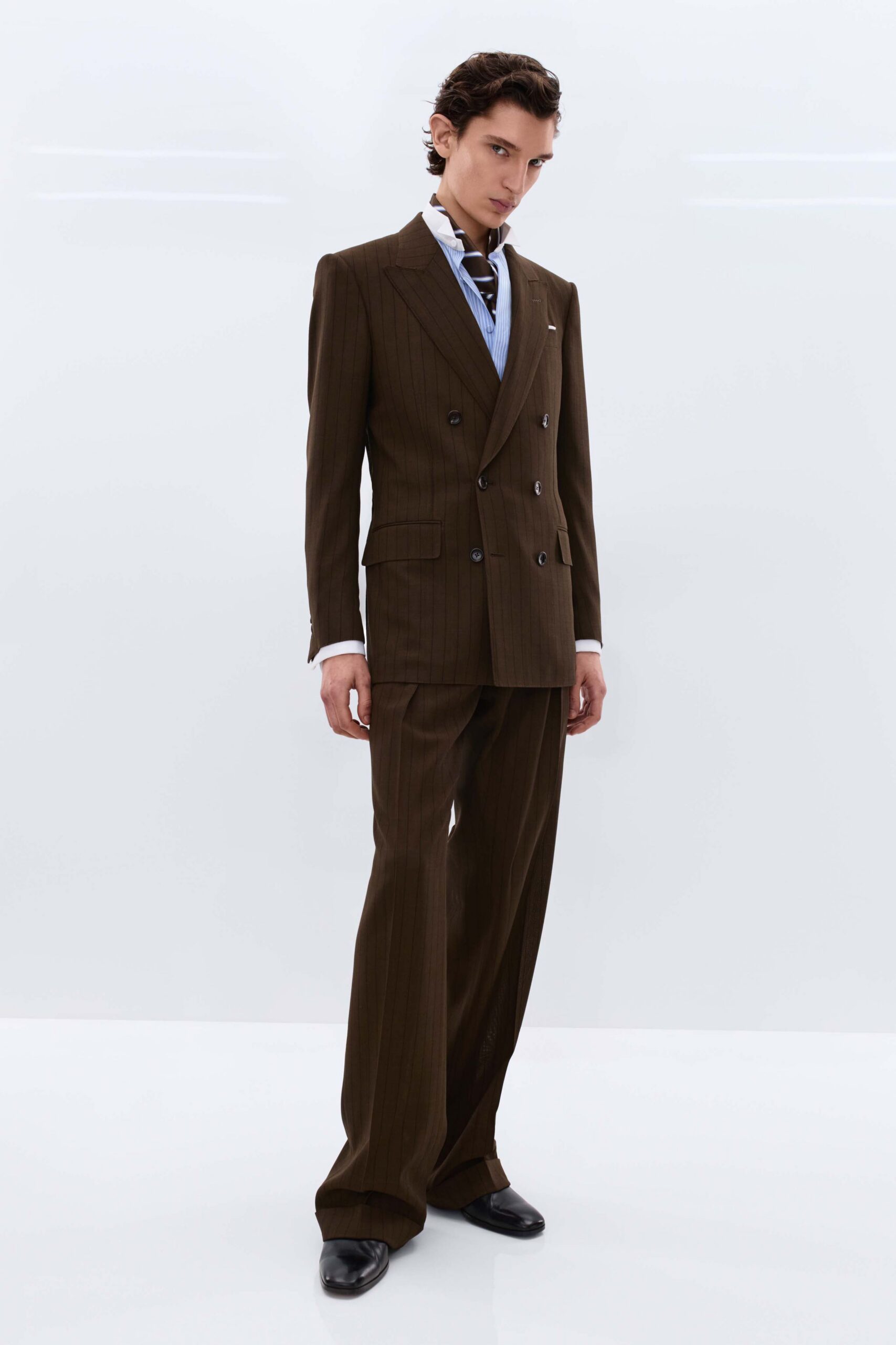 brown wool long-sleeve collared tailored striped suit