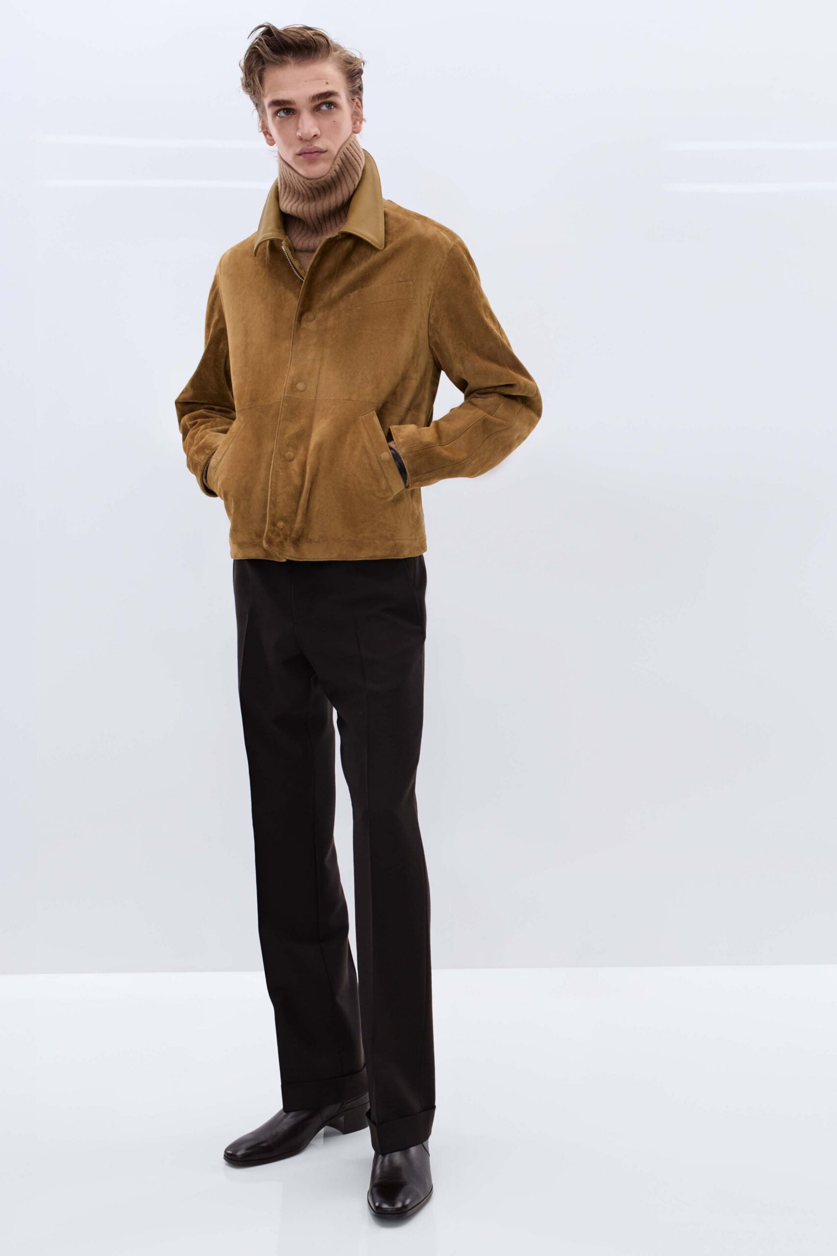 brown suede long-sleeve collared fitted jacket